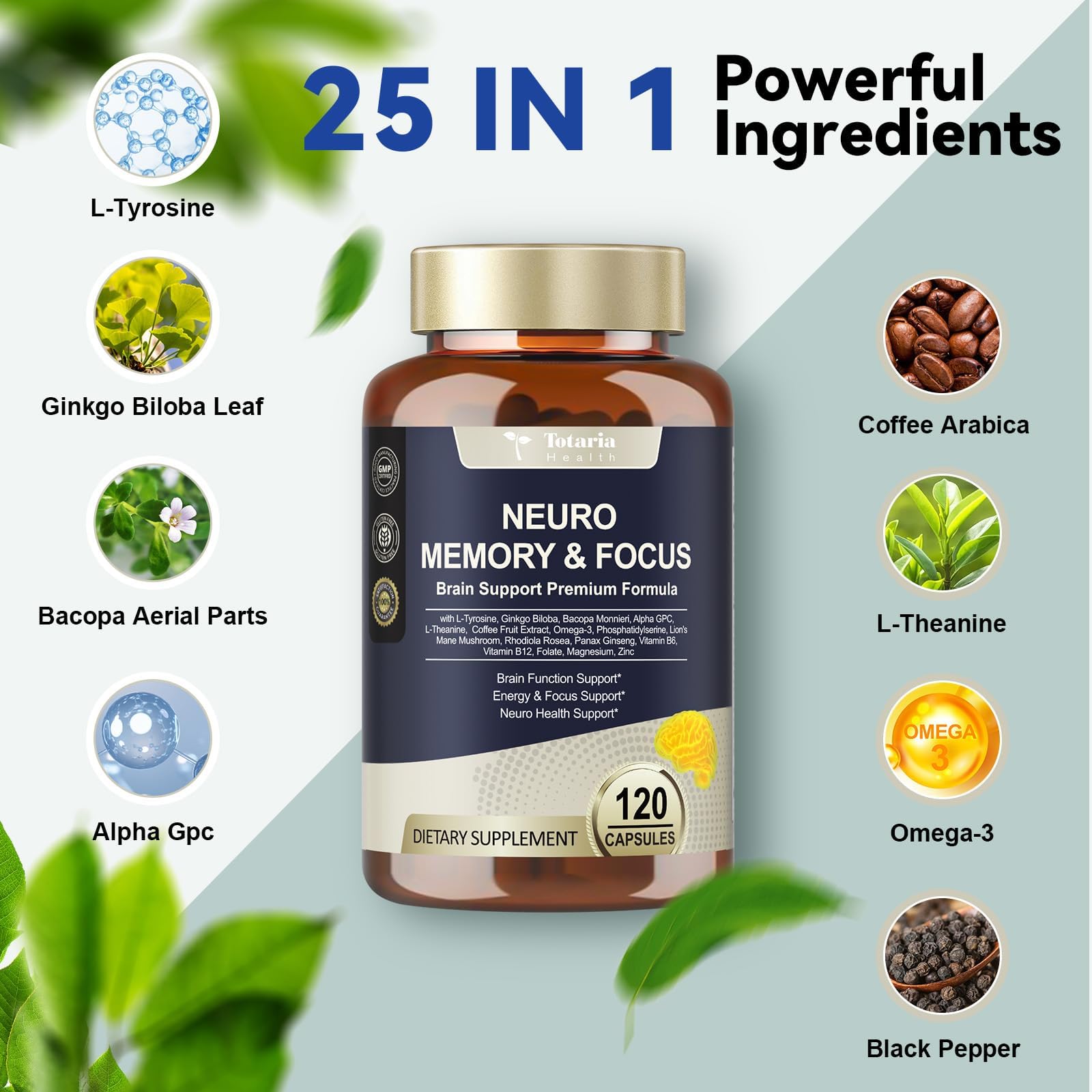Totaria C-ognitive with Caffeine Pills, L-Tyrosine, Alpha GPC, Ginkgo Biloba, Bacopa Monnieri Brain Supplement for Memory and Focus, Brain Nootropic Support - Non-GMO, Gluten Free (2 Packs) Totaria uk supplements
