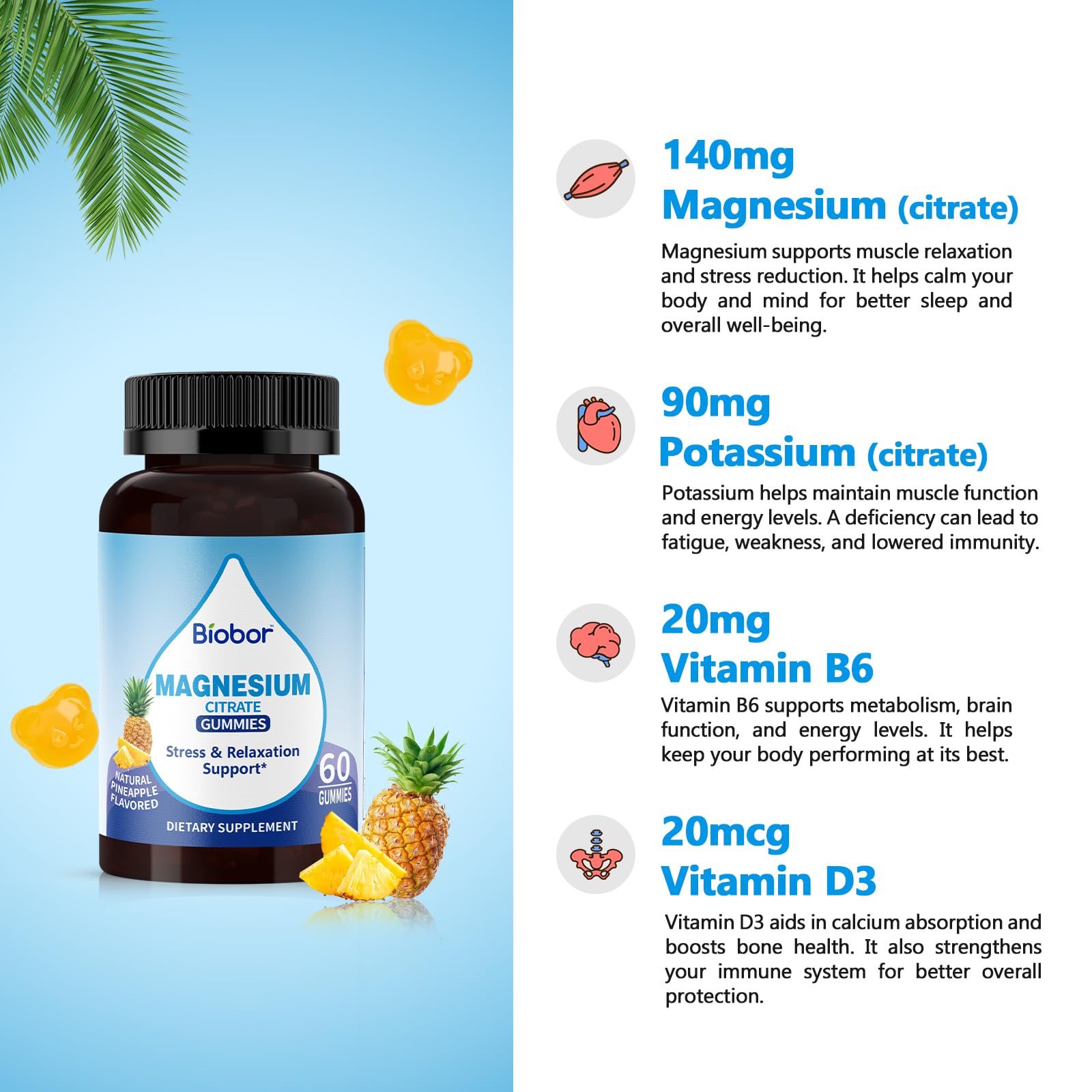 Biobor Potassium Magnesium Gummies, Magnesium Citrate & Potassium Citrate Supplements with Vitamin D3, B6 for Electrolyte Balance, Muscle, Leg Cramps, GMO Free Gluten Free (Pineapple,60 Count) Biobor uk supplements