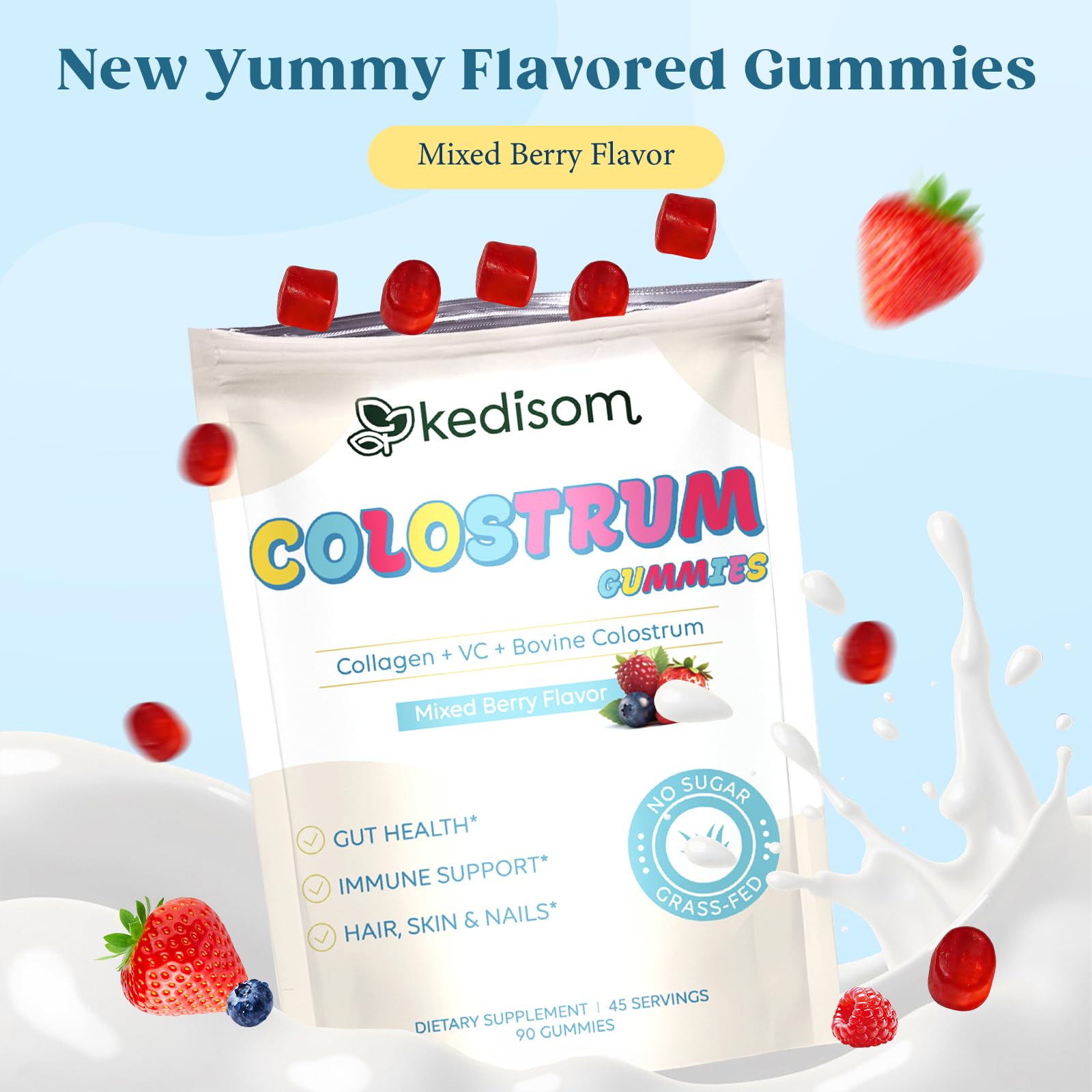 KEDISOM Colostrum Gummies, Grass Fed Colostrum Supplement, 90 Bovine Colostrum Gummies, 45 Servings, Mixed Berry, Sugar-Free KEDISOM uk supplements