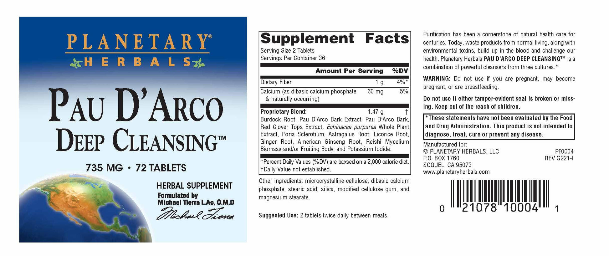 Planetary Herbals PAU D'Arco Deep Cleansing, Herbal Supplement, 735 mg - 72 Tablets Planetary Herbals uk supplements