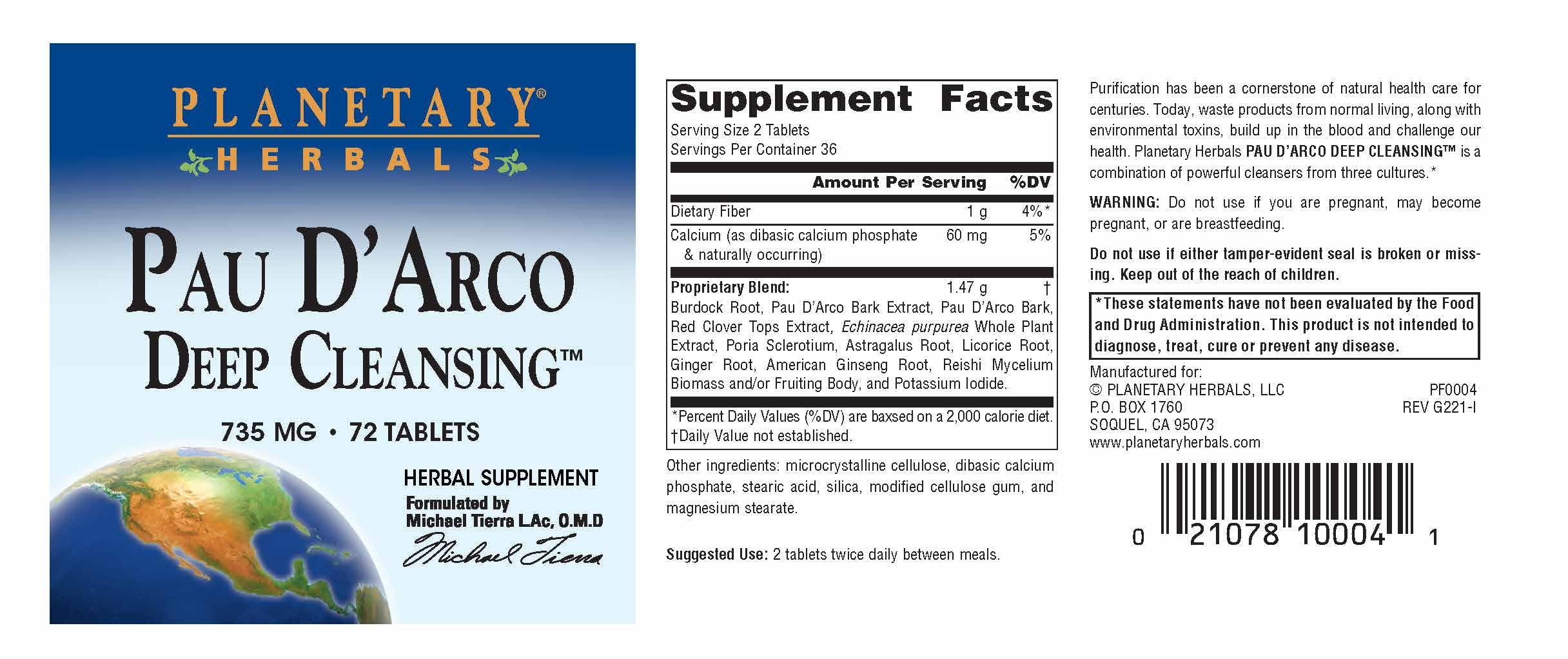 Planetary Herbals PAU D'Arco Deep Cleansing, Herbal Supplement, 735 mg - 72 Tablets Planetary Herbals uk supplements