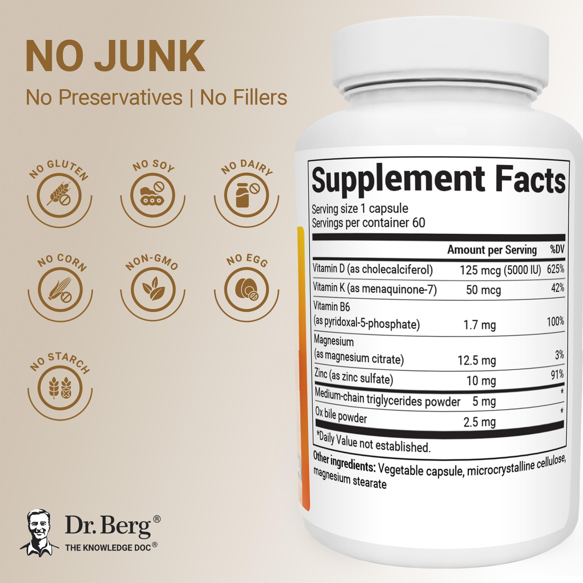 Dr. Berg Vitamin D3 & K2 5,000 IU + MK-7 – 60 Capsules – Immune, Bone & Heart Support* Supplement w/Magnesium, Zinc, B6 – 4X Lab-Tested – No Fillers – Non-GMO, cGMP, Formulated in USA Dr. Berg Nutritionals uk supplements