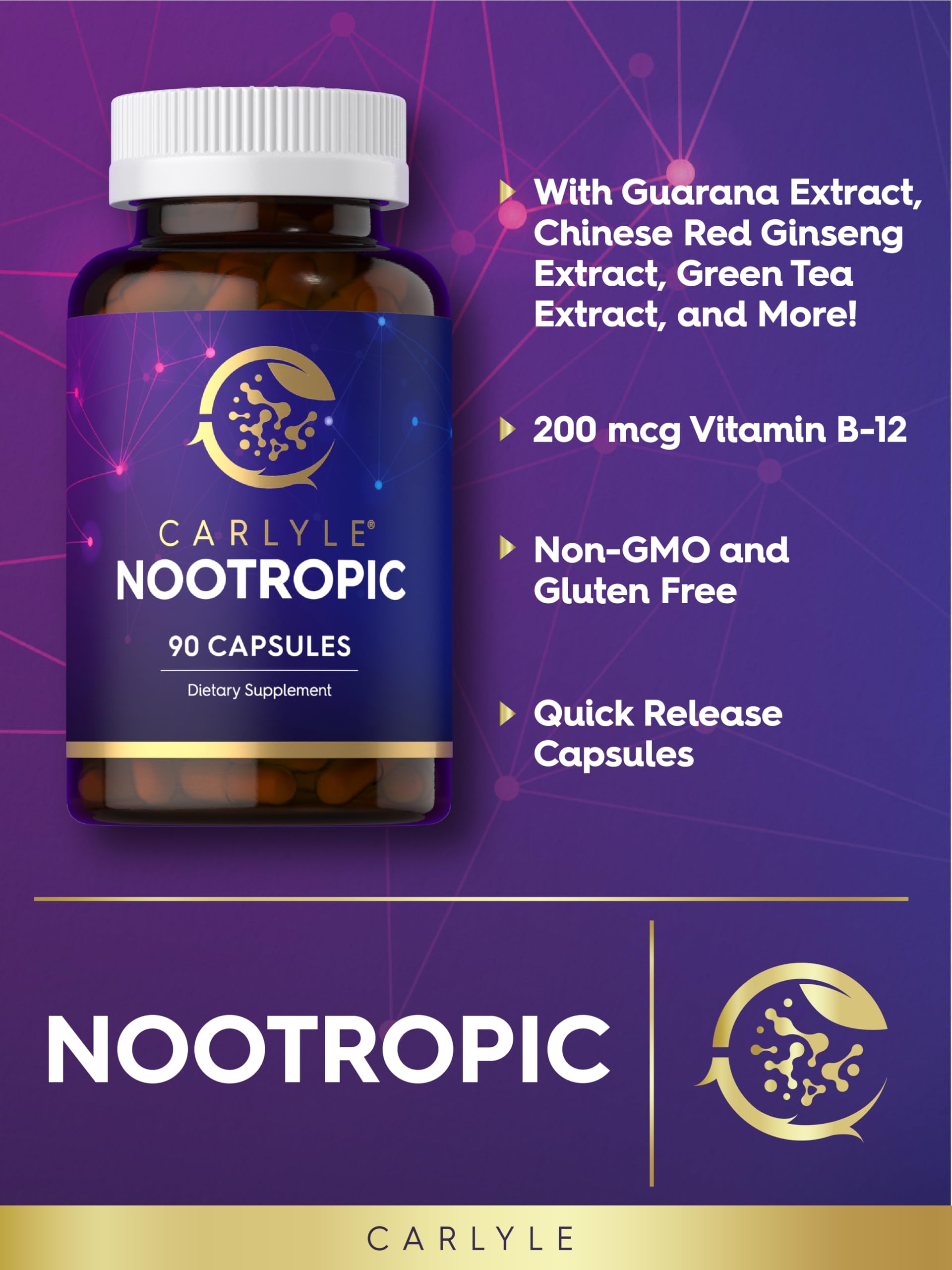 Carlyle Brain Nootropic Supplement | 90 Capsules | with Caffeine, B12, and Guarana Extract | Non-GMO & Gluten Free Carlyle uk supplements