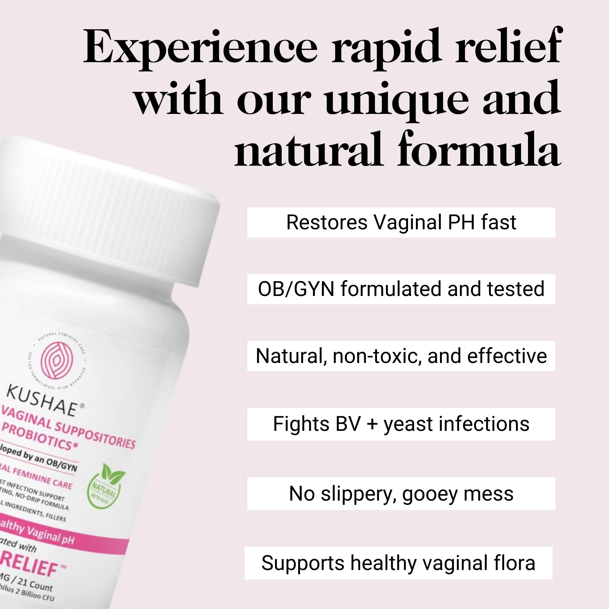 Kushae Boric Acid Suppositories + Rapid Relief, All Natural Female Suppositories with Probiotics & Aloe Vera, Relieves Discomfort & Balances pH Level Bottle Only 21 Capsules Kushae uk supplements