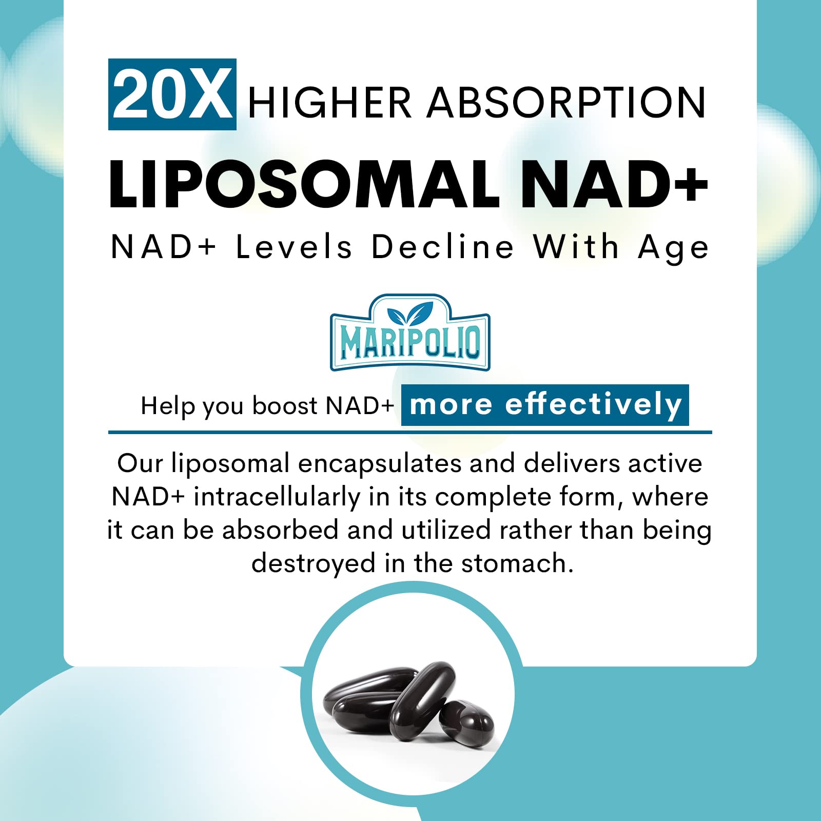 Maripolio Liposomal NAD+ 1000 mg Supplement | High Bioavailability Liposomal Delivery | Cellular Energy & Wellness Support | Pure NAD+ Dietary Supplement for Men,Women, 60 Softgels Maripolio uk supplements