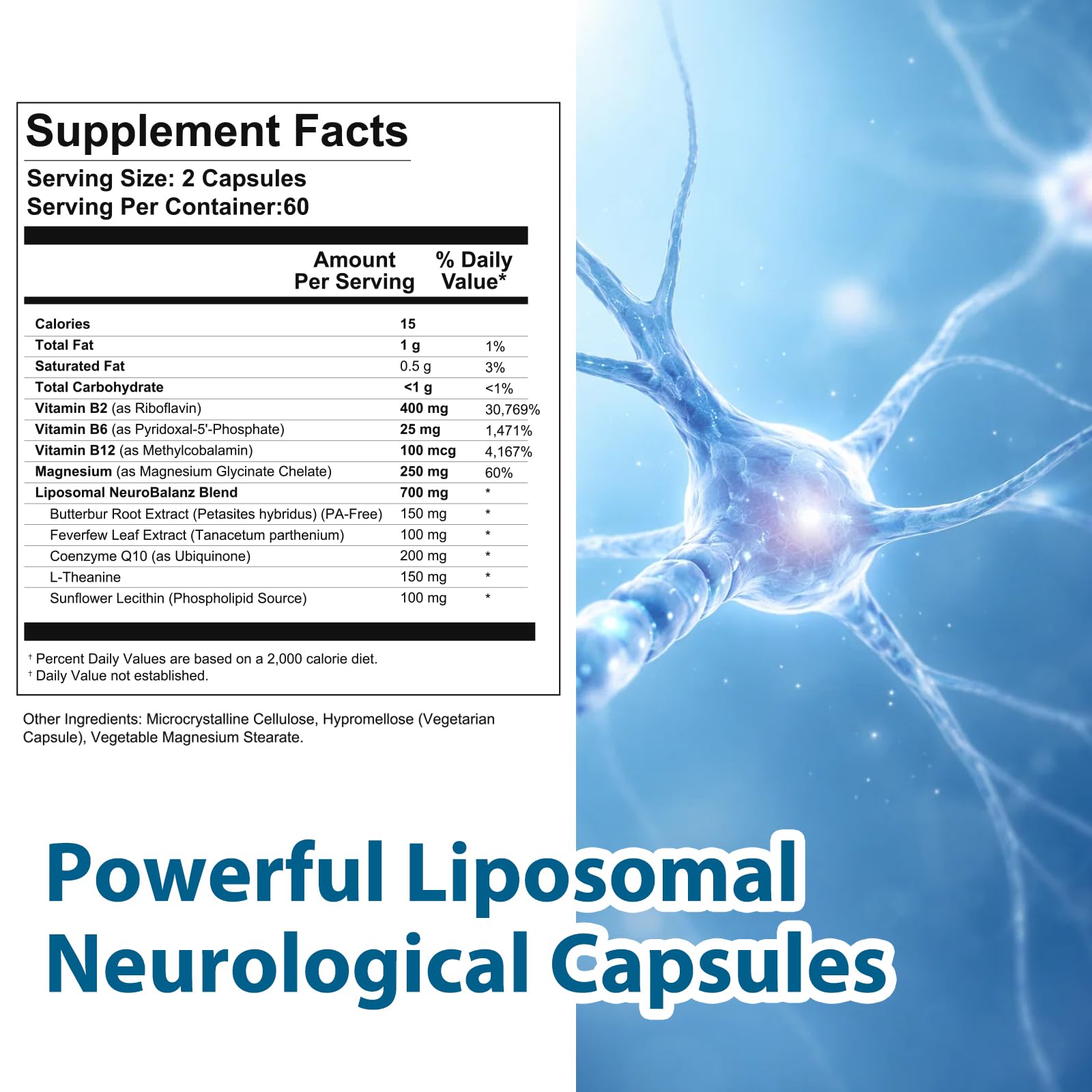 DQQI Migraine Relief Supplement | 120 Capsules Liposomal Neurological Health Formula with Magnesium Glycinate, Riboflavin (Vitamin B2) & Feverfew | Daily Brain Function DQQI uk supplements