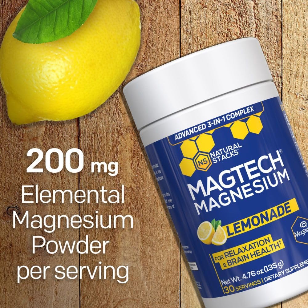 Magtein Magnesium L-Threonate, Glycinate & Taurate - MagTech Magnesium Powder - Sugar Free Lemonade Drink - 200mg Chelated Triple Complex - Supports Relaxation & Brain Health* - 30 Servings NATURAL STACKS uk supplements