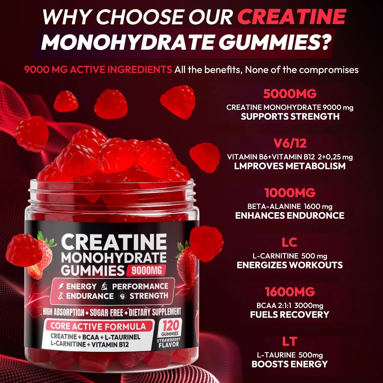 Creatine Gummies Monohydrate Complex 9000MG, Chewable Creatine Monohydrate Gummies for Men & Women with L-Taurine, BCAA 2:1, B12/6, Building Muscle Cytona uk supplements
