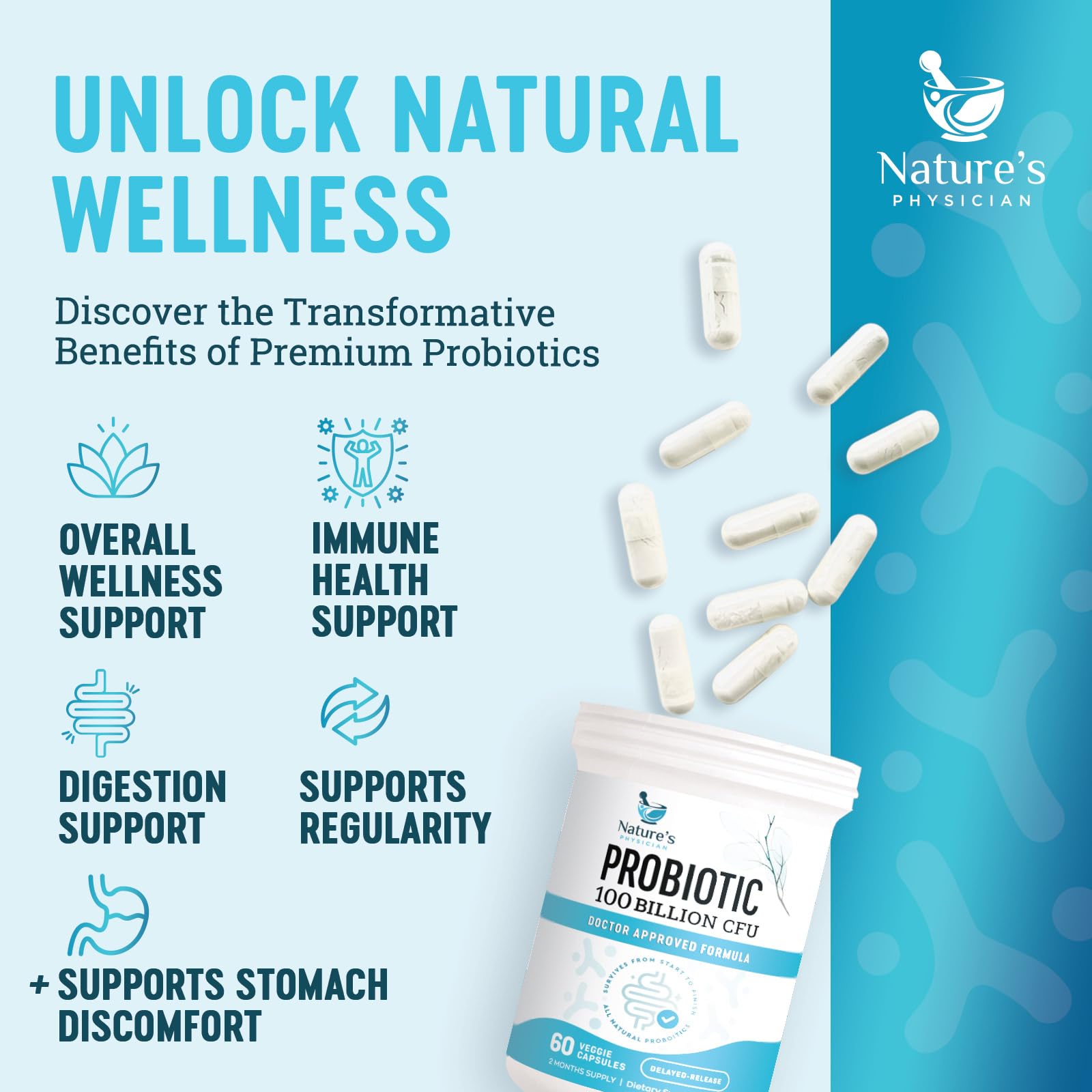 Nature's Physician Probiotics - 100 Billion CFU - 16 Strains + Prebiotics - Best Probiotic Supplement for Women & Men - Supports Immune, Digestive Health, Occasional Constipation & Gas - 60 Capsules Nature's Physician uk supplements