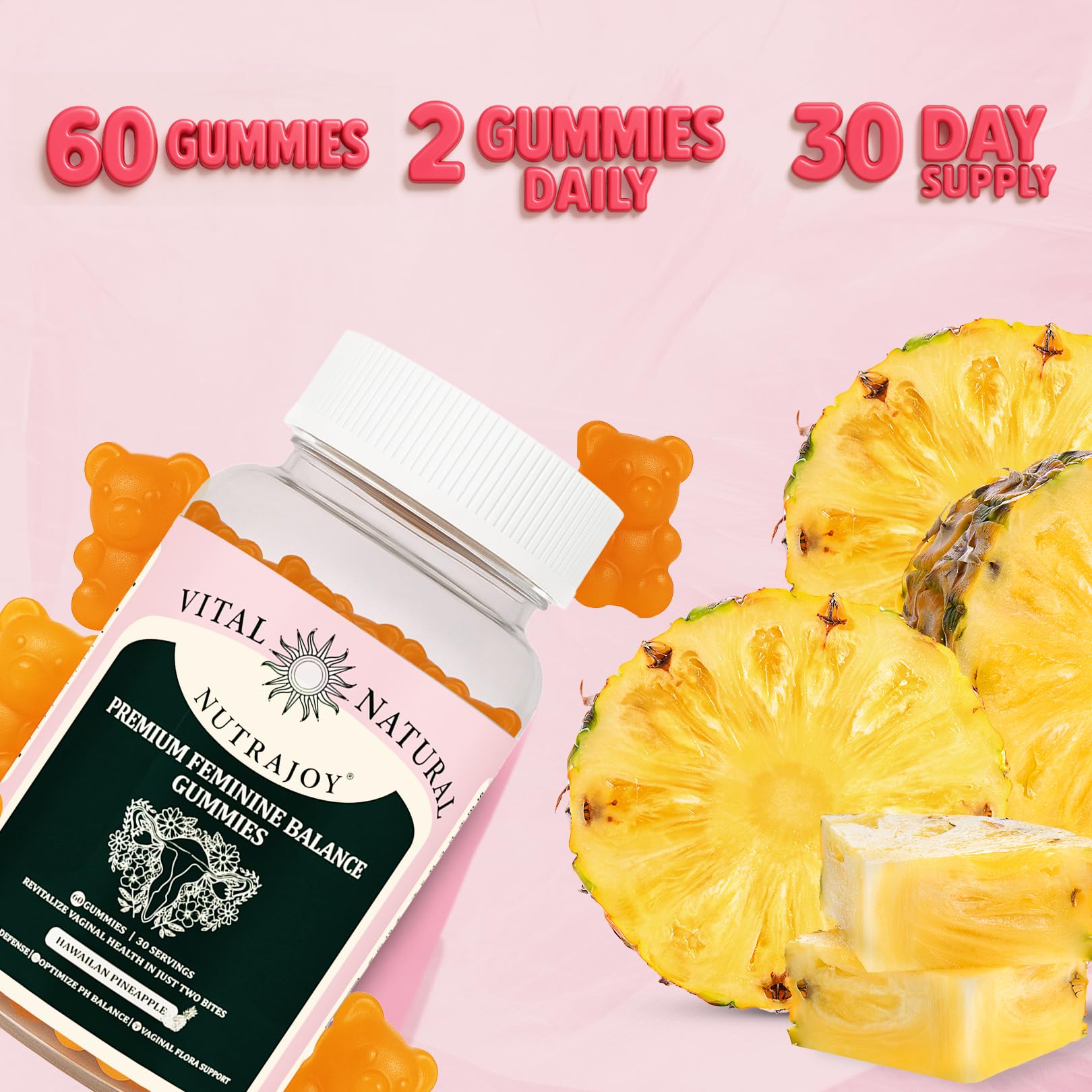 NUTRAJOY Premium Feminine Balance Gummies, for Women's Ph Health, Vaginal Wellness Support, Immune Support, Energy Support, Hawaiian Pineapple, Vegan Gluten-Free, 60 Gummies NUTRAJOY uk supplements