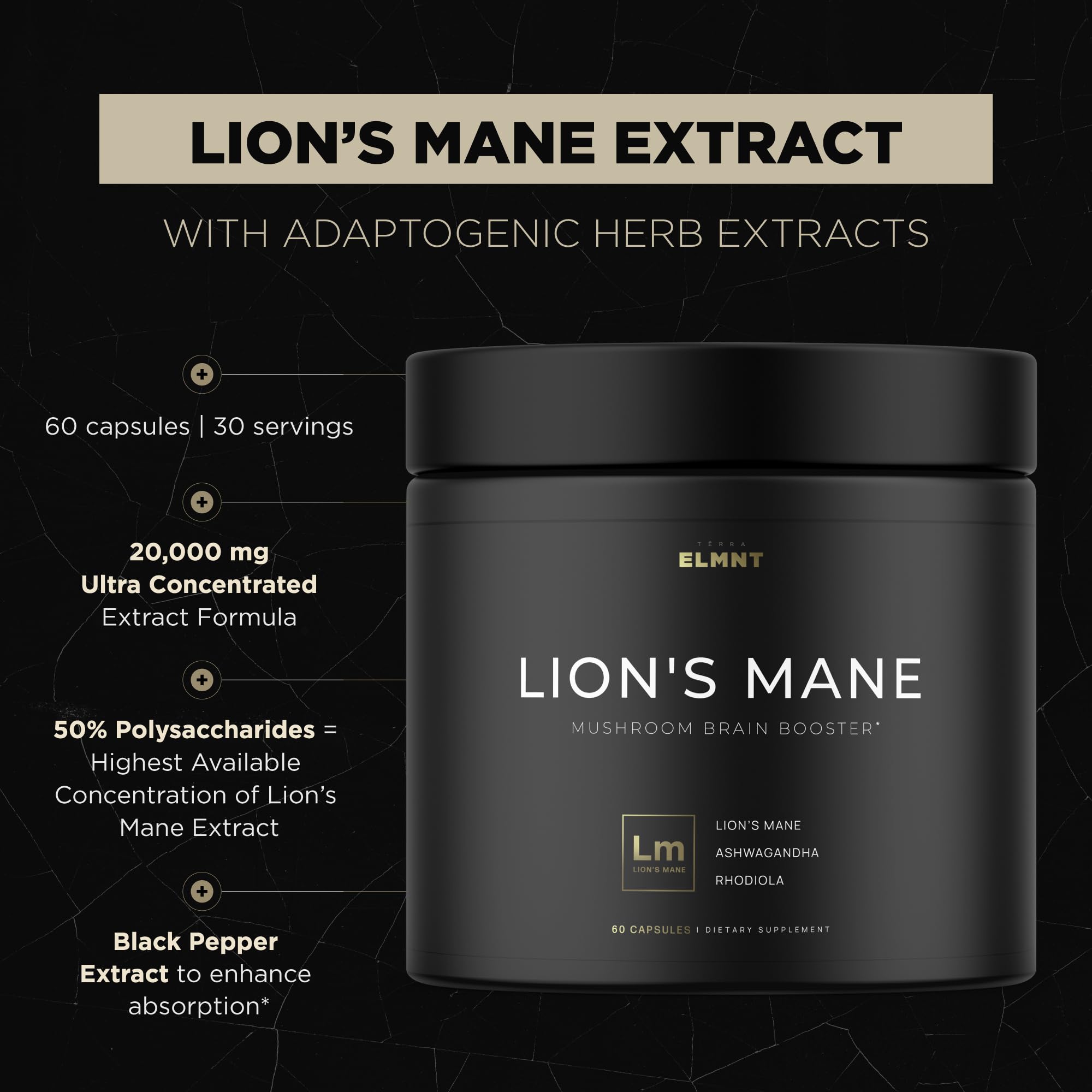 20,000mg 16x Strength Lions Mane Supplement Capsules Super Nootropic w. Ashwagandha & Rhodiola - Highest Potency Lion's Mane Mushroom Extract 50% Polysaccharides Brain Supplements for Memory and Focus TERRA ELMNT uk supplements
