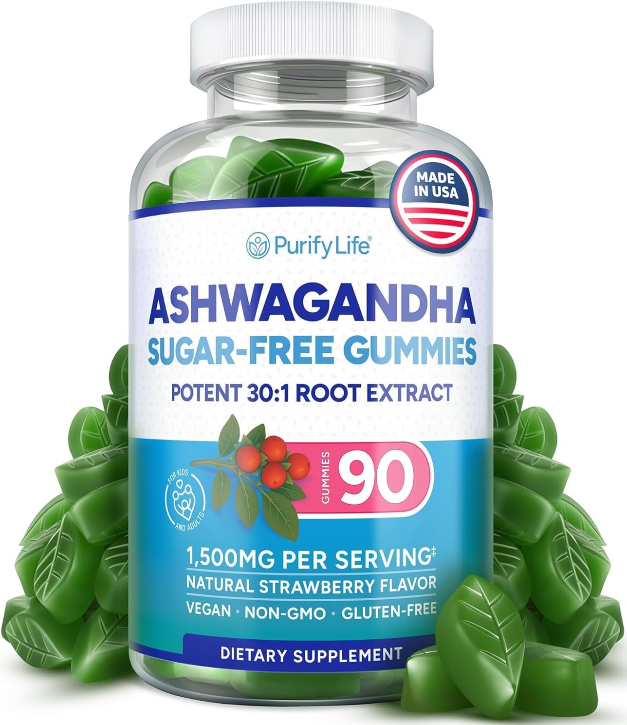 Sugar-Free Ashwagandha Gummies for Stress, Sleep & Mood Support - High-Potency 30:1 Ashwagandha Supplement Extract - Vegan Adaptogen Supplement for Women & Men, Natural Flavor, Plant-Based, 90 Gummies Purify Life uk supplements