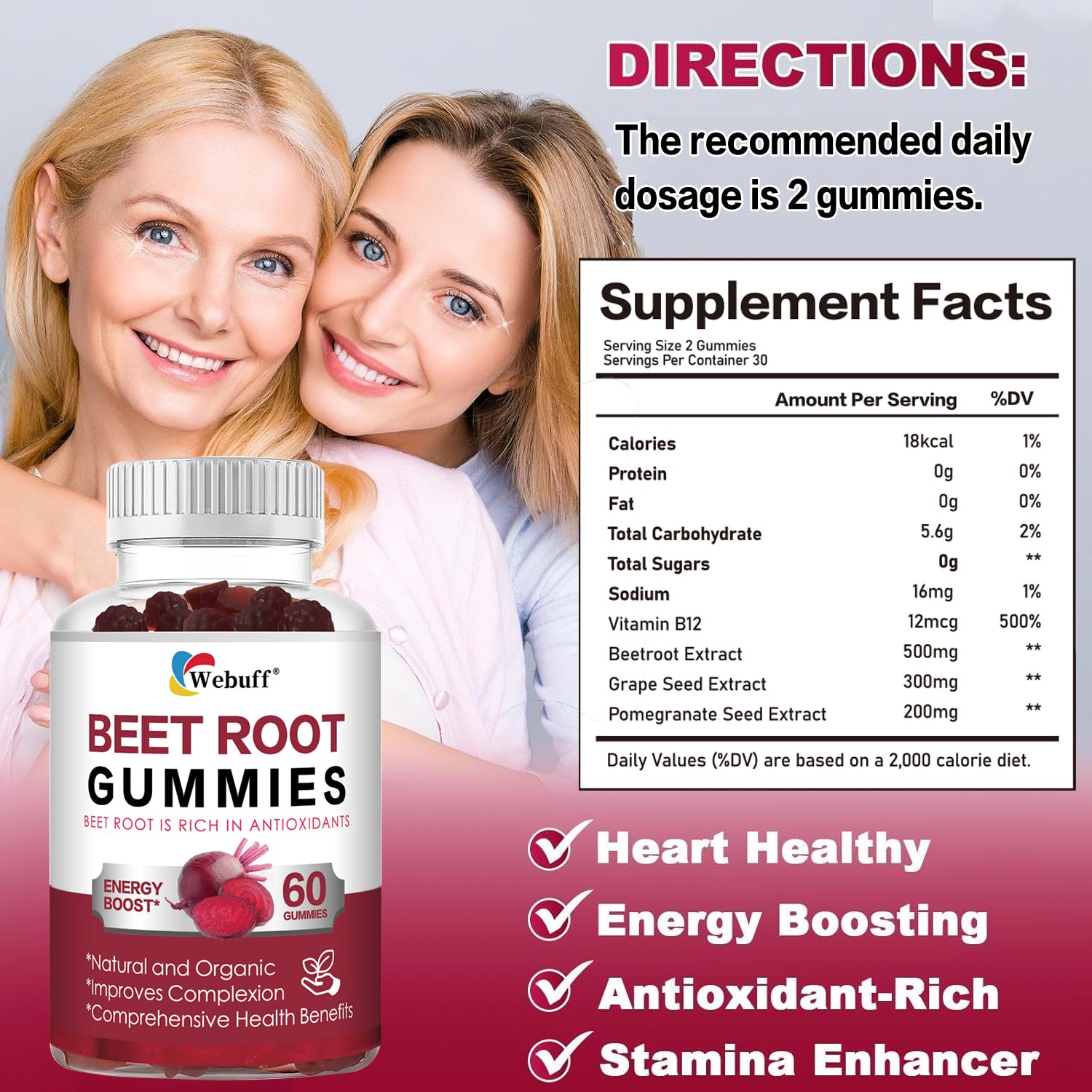 Webuff Beet Root Gummies - Nitric Oxide Booster with Organic Beet, Pomegranate & Grape Seed, Vitamin B12 - Energy, Circulation & Heart Health Support, Vegan, Non-GMO, 60 Count (Pack of 1) Webuff uk supplements