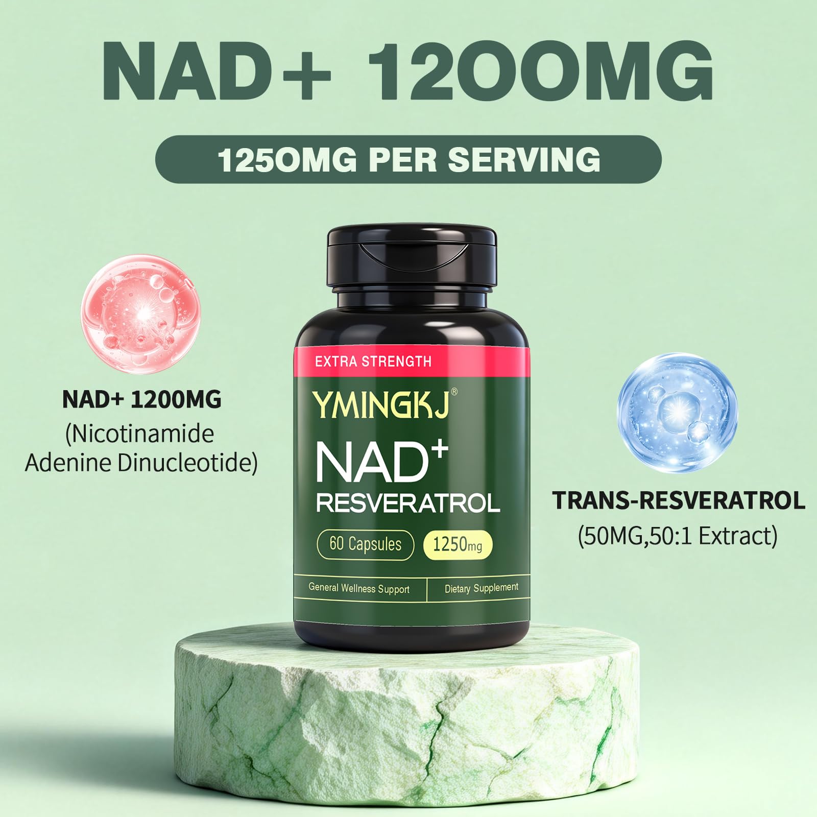 YMINGKJ NAD+ Supplement with Resveratrol 1200mg – Nicotinamide Adenine Dinucleotide & Trans-Resveratrol 50mg, Anti-Aging Cellular Energy & Metabolism Support, 60 Vegetarian Capsules (30 Servings) YMINGKJ uk supplements