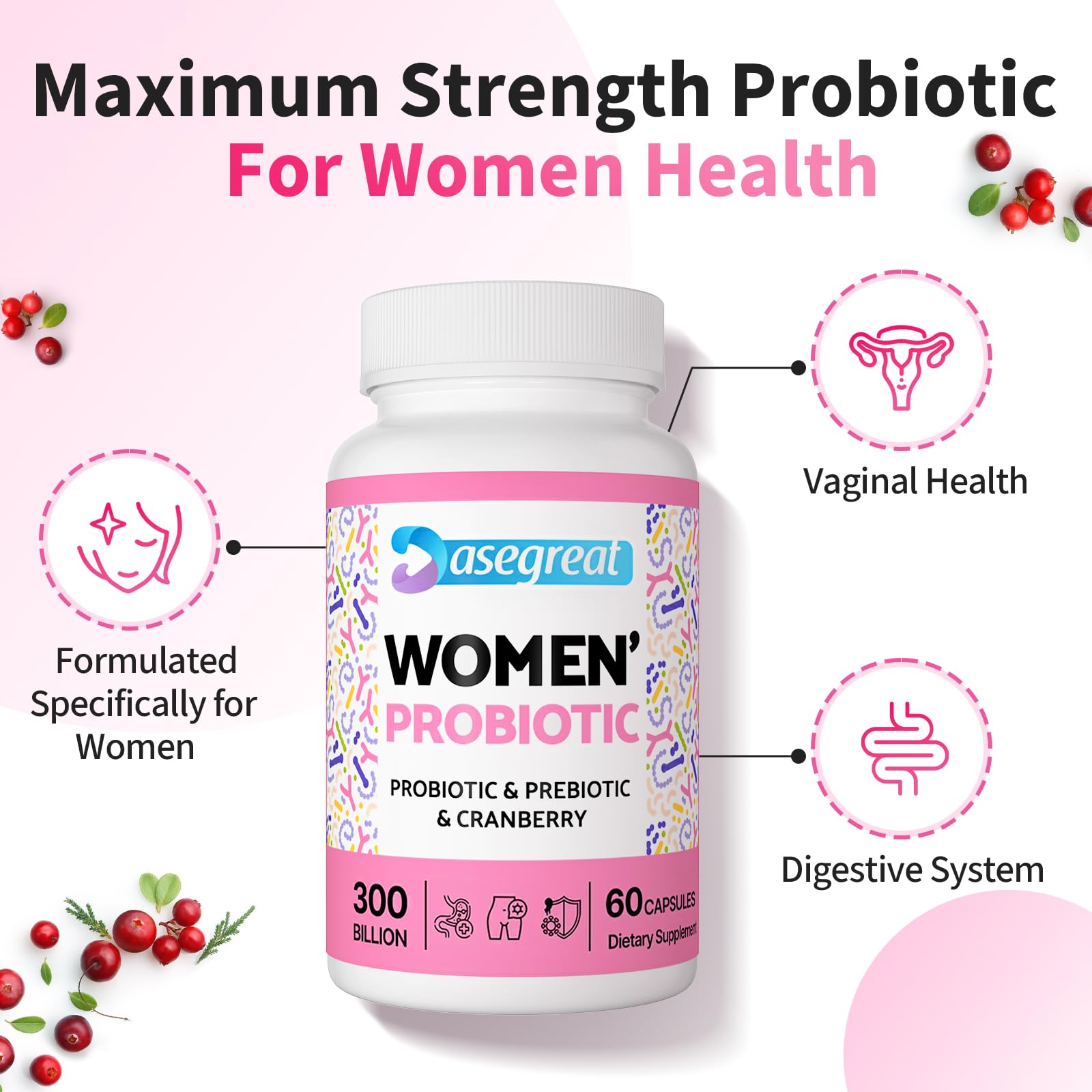 300 Billion CFUs Probiotics for Women,12 Strains Probiotics with Prebiotic Cranberry Heafetine uk supplements