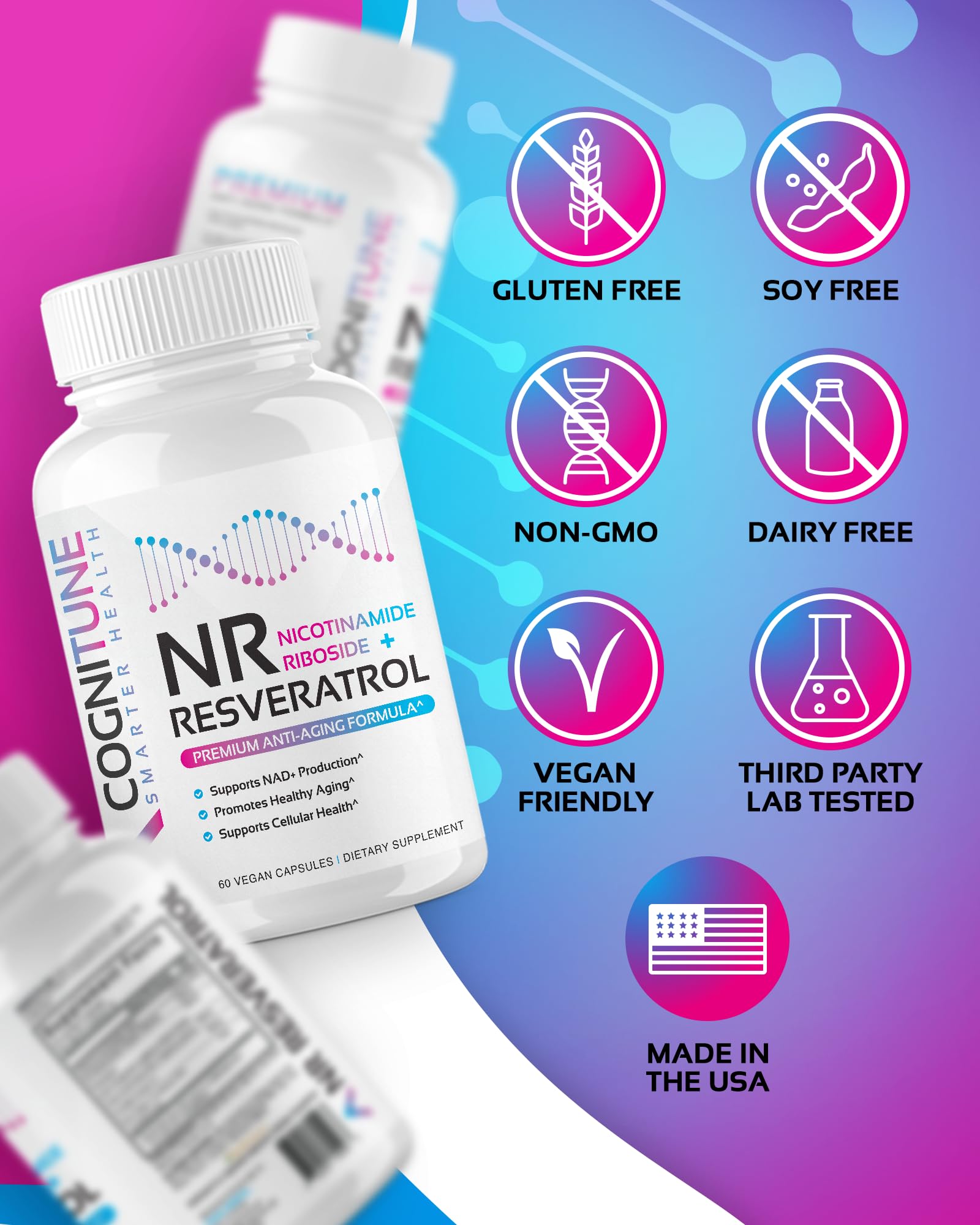 NR + Resveratrol Supplement - Increase NAD, DNA & Cellular Health, Longevity, Vitality. 5-in-1 Anti Aging Formula w/ Nicotinamide Riboside, Trans Resveratrol, Vitamin C, Grape Seed, Pine Bark CogniTune uk supplements