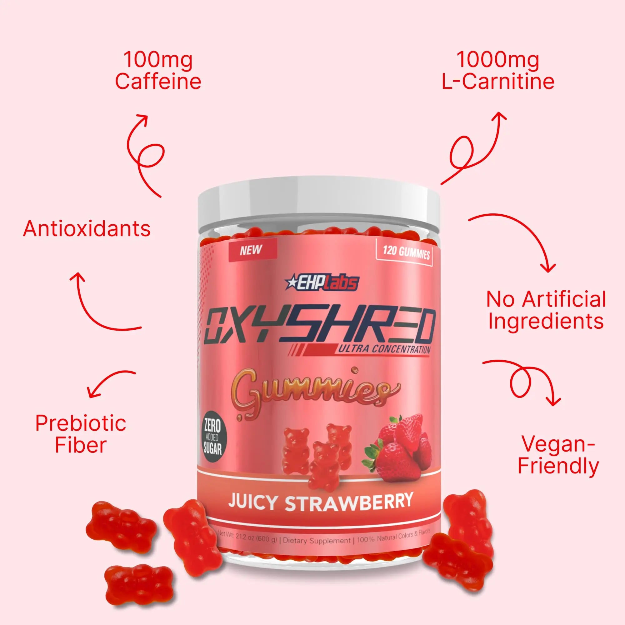 EHP Labs OxyShred Gummies - Pre Workout Gummies & Energy Chews with 100mg Caffeine, L-Carnitine for Thermo & Metabolic Support, All Natural Energy Boost EHP Labs uk supplements