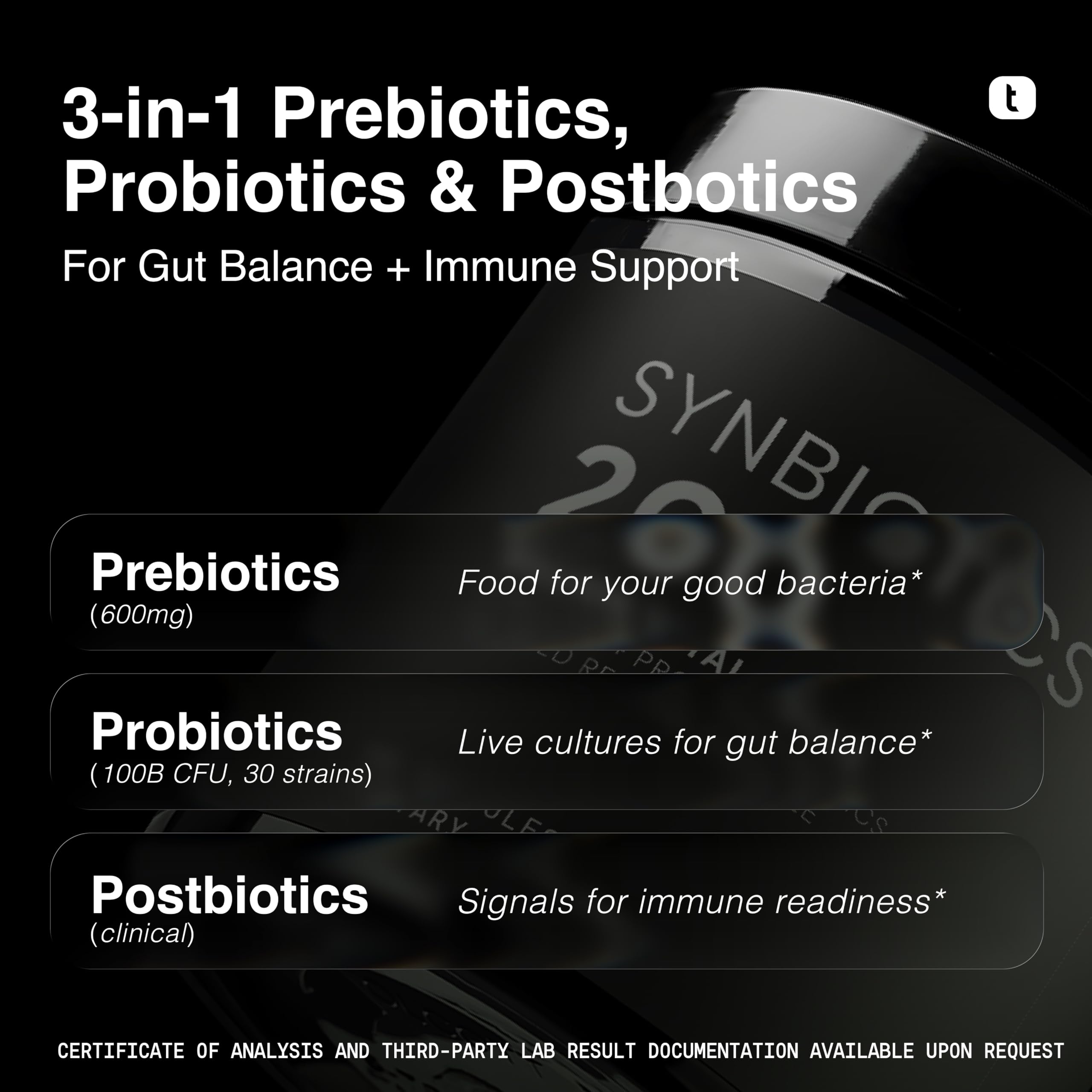 Toniiq Prebiotics and Probiotics – 200B TFU with Postbiotics IMMUSE® & ButyraGen® – 30 Strains – Shelf-Stable Synbiotic Formula – Third-Party Tested – 60 Capsules Toniiq uk supplements