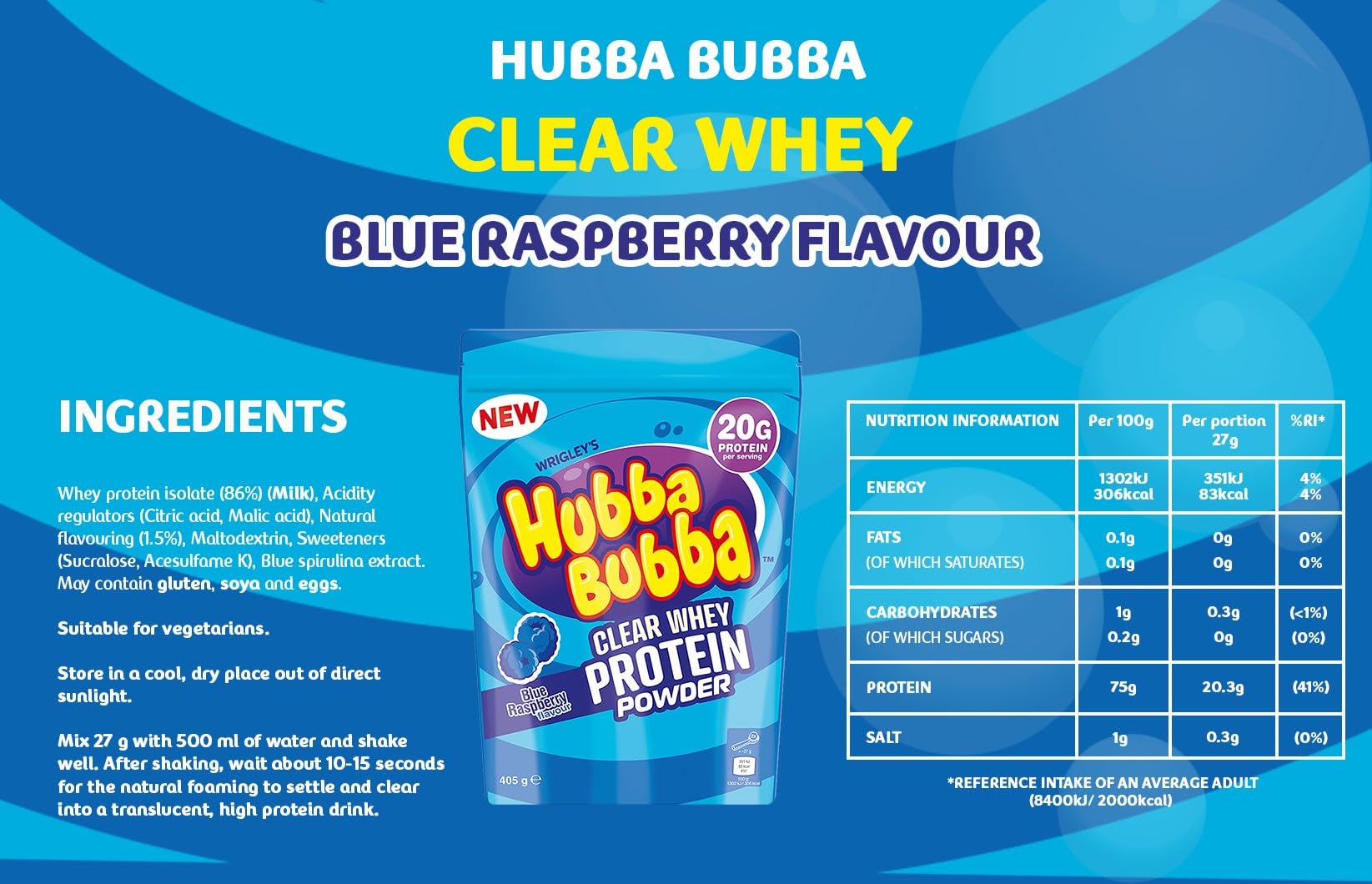 Hubba Bubba Blue Raspberry Clear Whey Isolate, Protein Powder Drink, 405g Pouch Hubba Bubba uk supplements