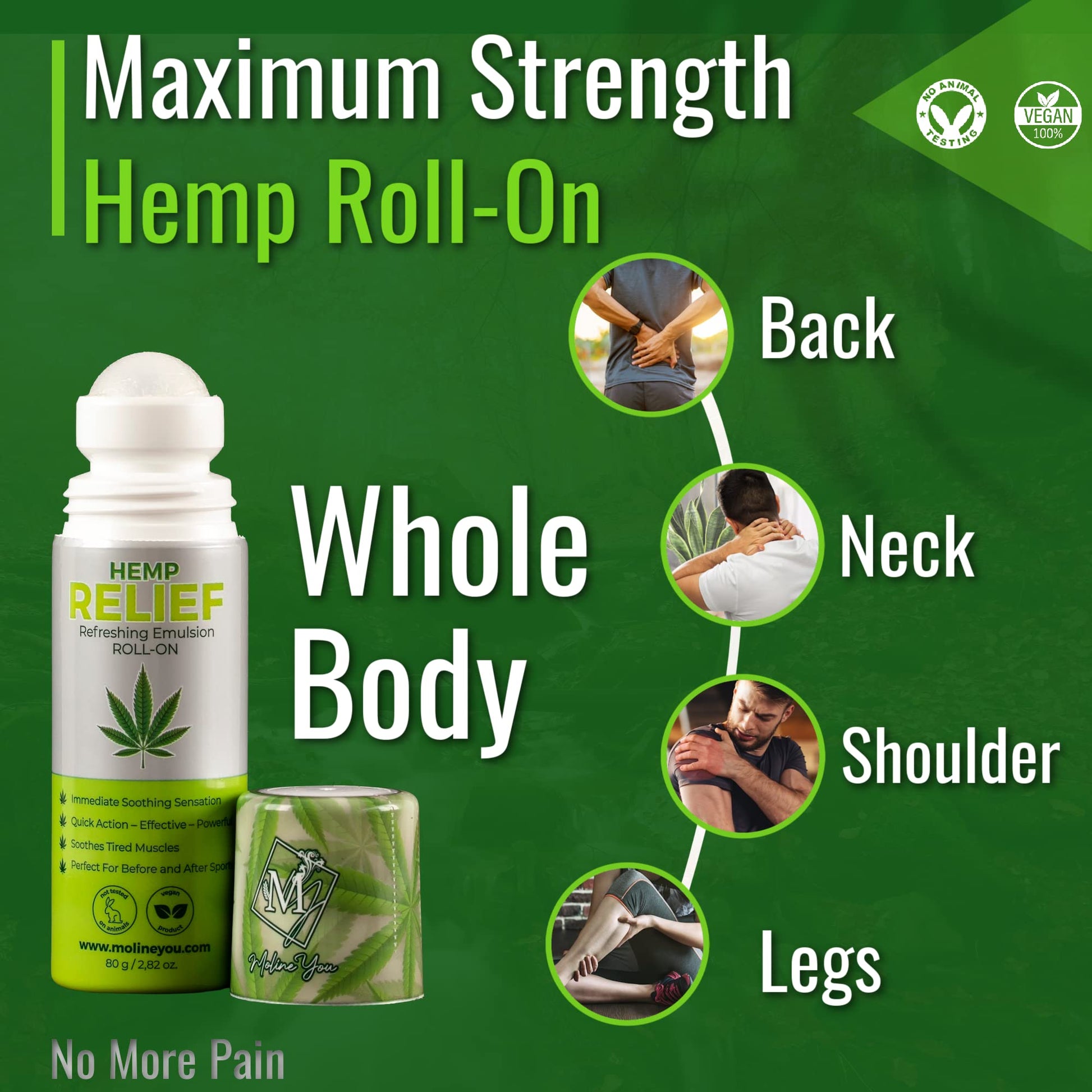 Moline You Natural Powerful Hemp Roll On, for Joint & Muscle Discomfort, Back, Neck, Knee, Shoulders HIPS. Formula with Hemp Oil Extract, Arnica, Menthol (Roll On 3 oz) Moline You uk supplements