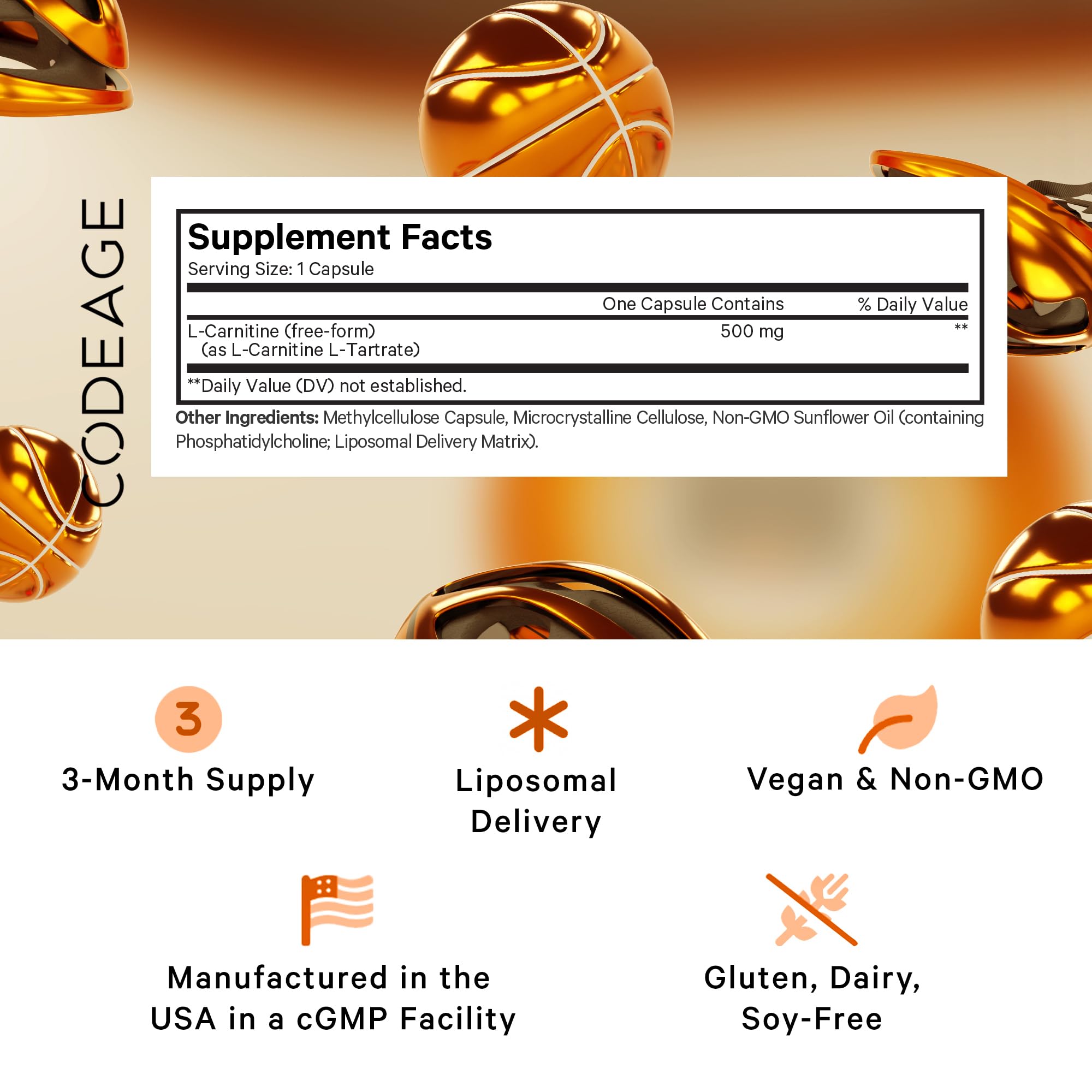Codeage Liposomal L-Carnitine+ Supplement - 500 mg L-Carnitine L-Tartrate per Serving - Free-Form Amino Acid - Carnitine - Liposomal Delivery - Vegan, Non-GMO, Gluten-Free - 90 Capsules Codeage uk supplements