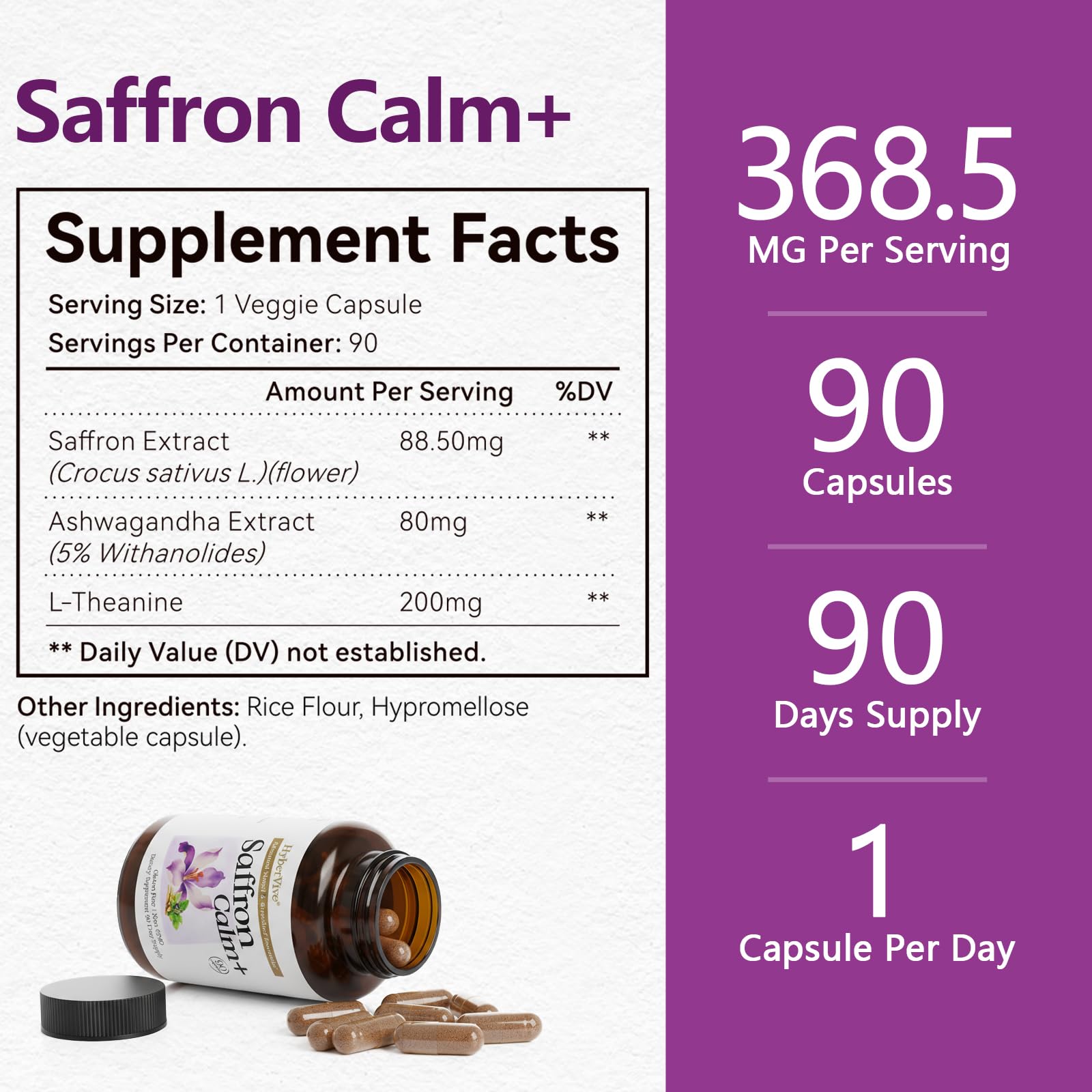 HyberVive Saffron Supplements with Ashwagandha & L-Theanine - 368.5MG - Mood Balance, Stress Relief & Mental Clarity – Cortisol Support for Women & Men, Made in USA, 90 Vegan Capsules HyberVive uk supplements