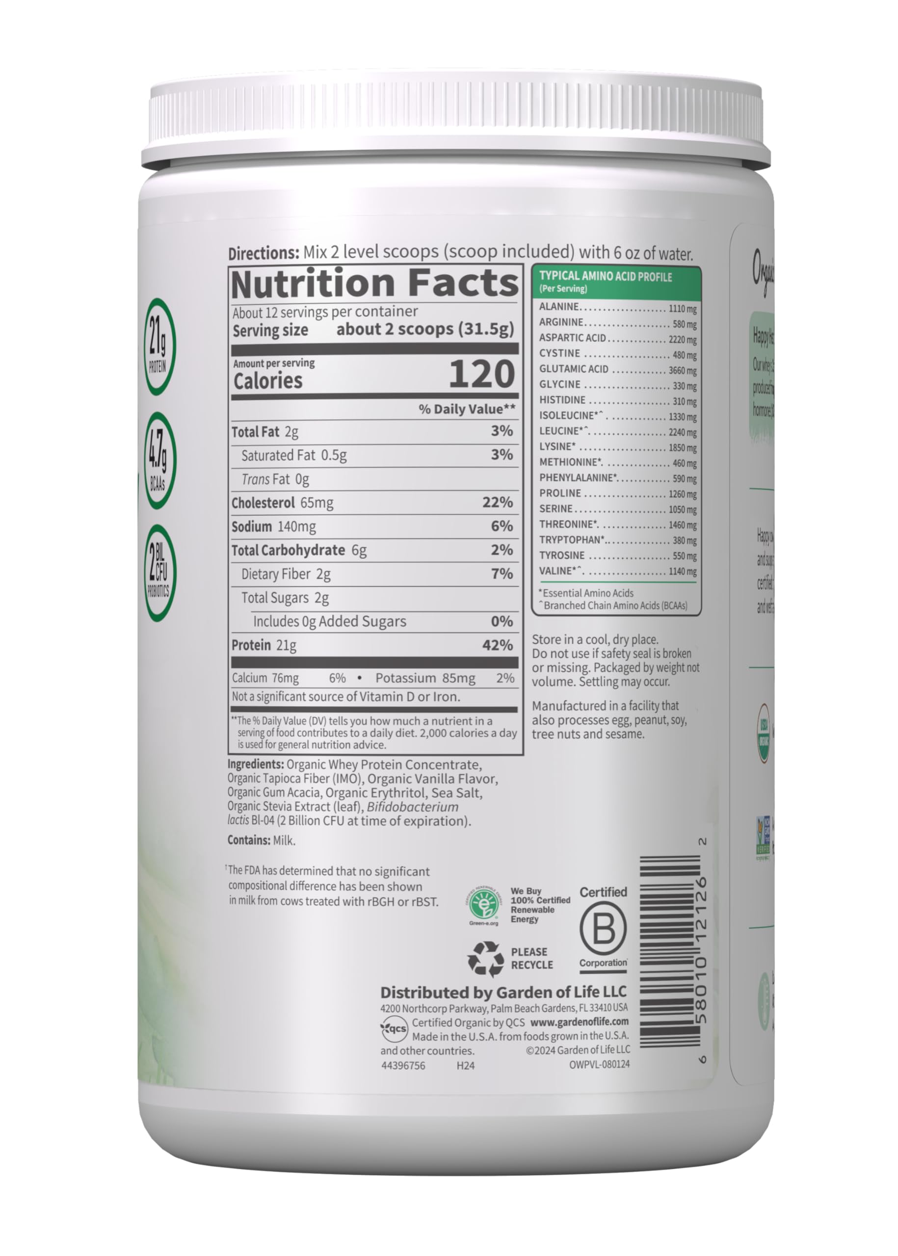 Garden of Life Grass Fed Whey Protein Powder Vanilla - 21g Protein for Women & Men + Probiotics - 12 Servings - Gluten Free, Non GMO, Kosher, Humane, RBST & rBGH Hormone Free Garden of Life uk supplements