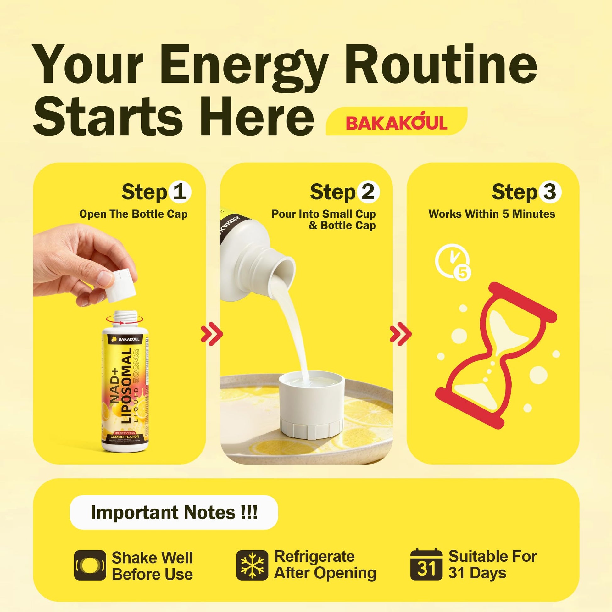 Liposomal NAD+ Liquid Supplement - Designed to Help Support Absorption - Nhanced Cellular Uptake, Helps Support Normal Cellular Health, Supports Cellular Energy Metabolism and Vitality - Lemon Flavor BAKAKOUL uk supplements