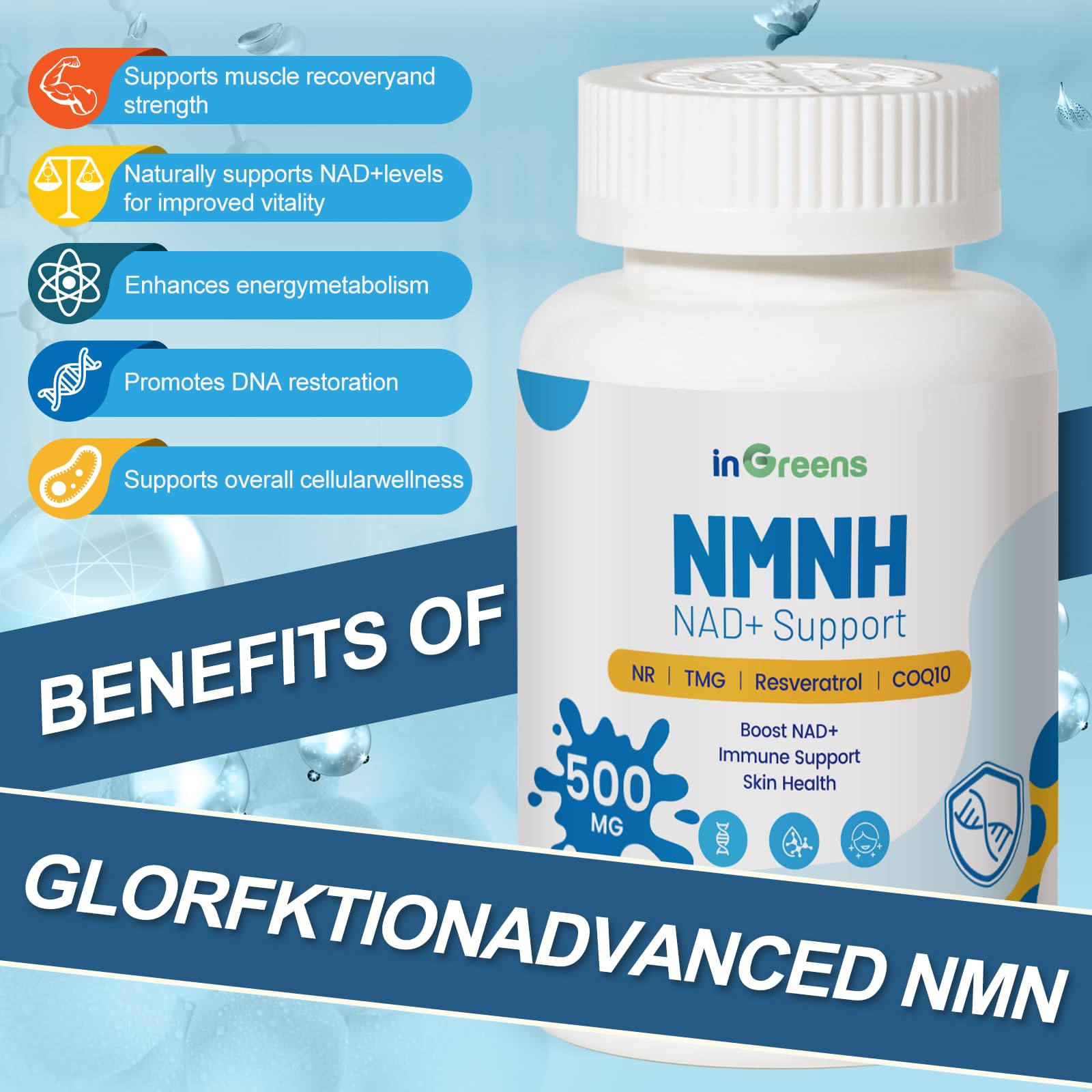 500mg NMNH, NMN Supplement Alternative with NR, TMG, Resveratrol, COQ10, NAD Supplement, Anti Aging, Energy, Boost NAD+ Levels, 60 Capsules inGreens uk supplements