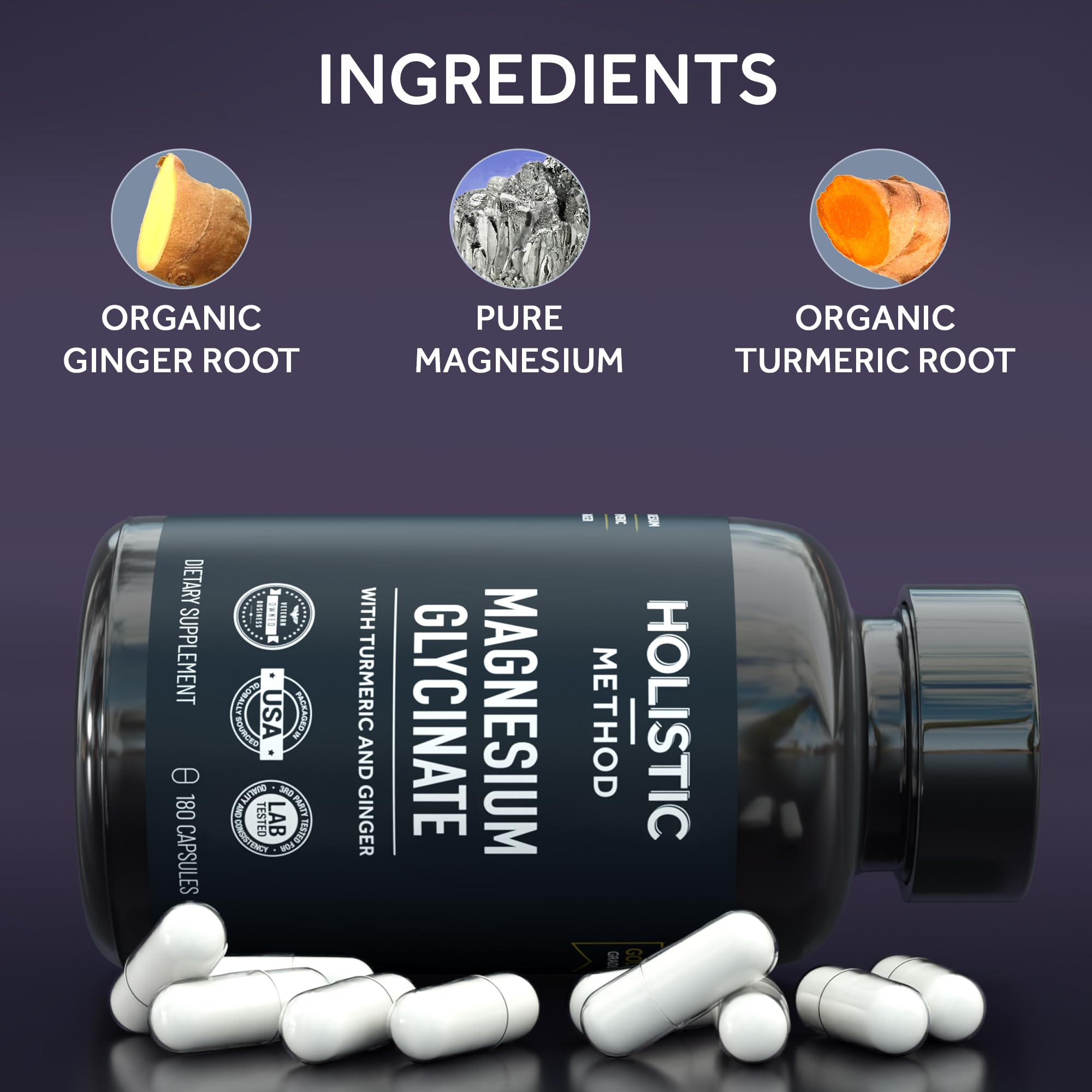 Magnesium Glycinate Capsules with Organic Turmeric and Ginger - 180 Vegan Capsules for Sleep, Relaxation, Muscle Cramps and Immune Support Holistic Method uk supplements