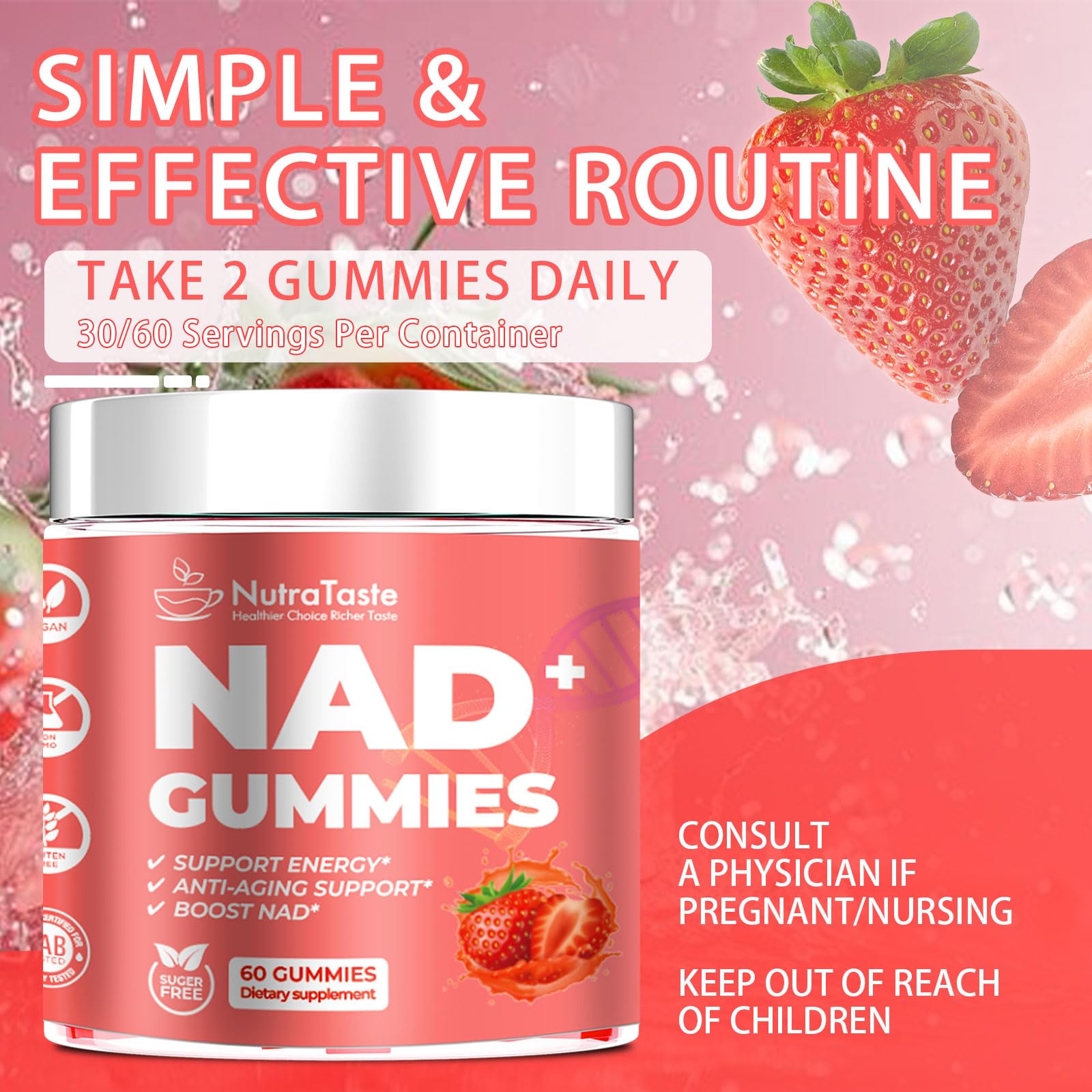 NUTRATASTE HEALTHIER CHOICE RICHER TASTE NAD⁺ Gummies Supplement for Anti-Aging, Energy & Focus Boost | Resveratrol, Nicotinamide Riboside | Strawberry Flavor, Vegan, Sugar-Free,60 Count (Pack of 1) NUTRATASTE HEALTHIER CHOICE RICHER TASTE uk supplements