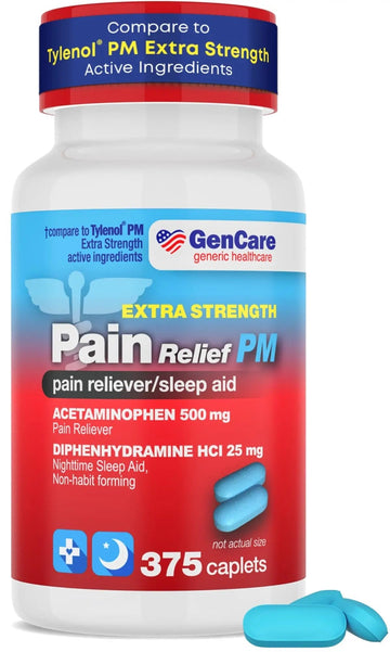 GenCare Extra Strength Acetaminophen PM 500 mg (375 Tablets) | Ultimate Pain Relief & Sleep Support for Adults | Quick Acting & Non Habit Forming Headache Relief | Eases Aches & Joint Discomfort GenCare uk supplements
