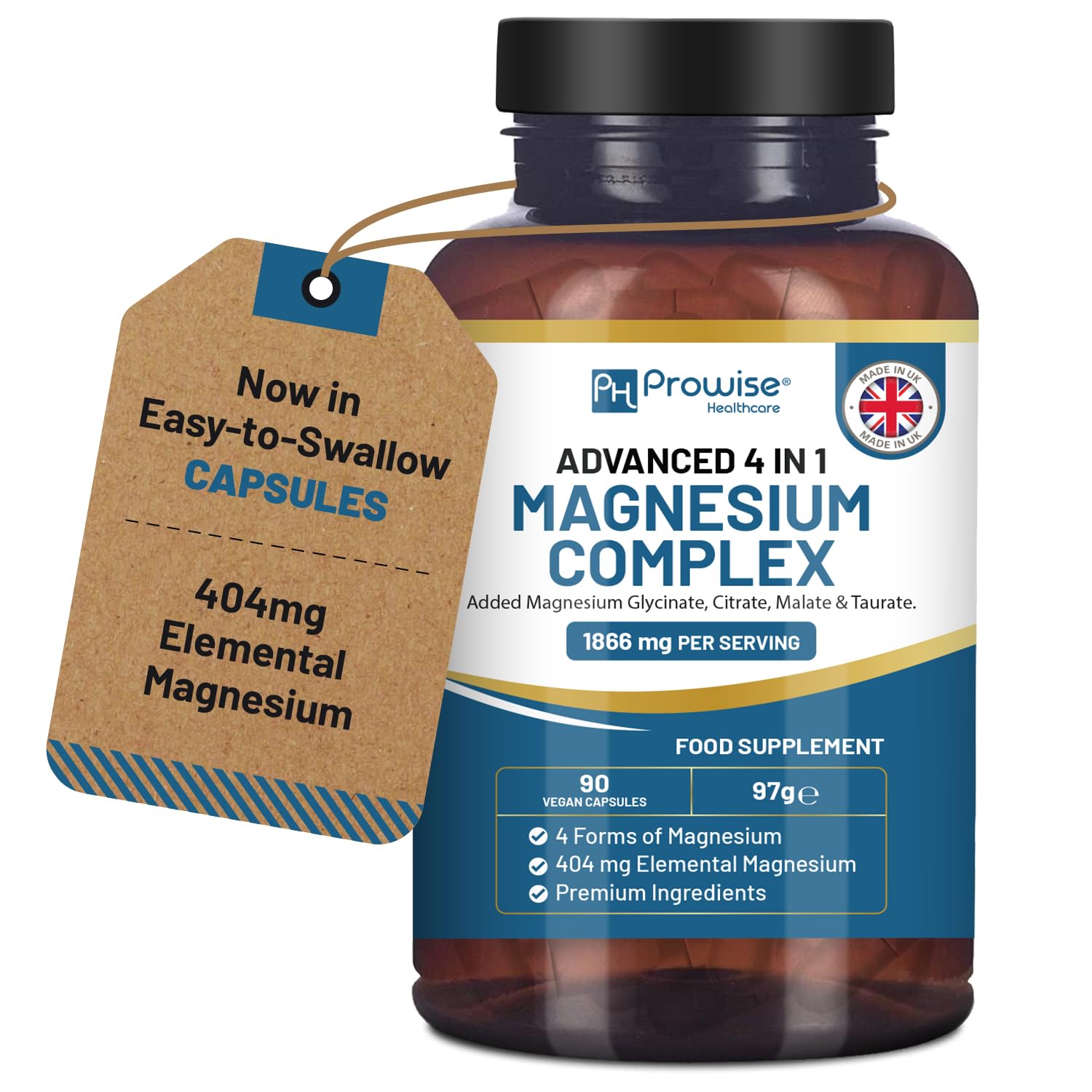 Magnesium Glycinate Complex 4 in 1-1866mg per Serving | Precise 404mg Elemental Magnesium dose | Added Magnesium Glycinate, Citrate, Malate & Taurate | 90 Vegan Capsules - by Prowise PH PROWISE Healthcare uk supplements