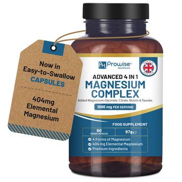 Magnesium Glycinate Complex 4 in 1-1866mg per Serving | Precise 404mg Elemental Magnesium dose | Added Magnesium Glycinate, Citrate, Malate & Taurate | 90 Vegan Capsules - by Prowise PH PROWISE Healthcare uk supplements