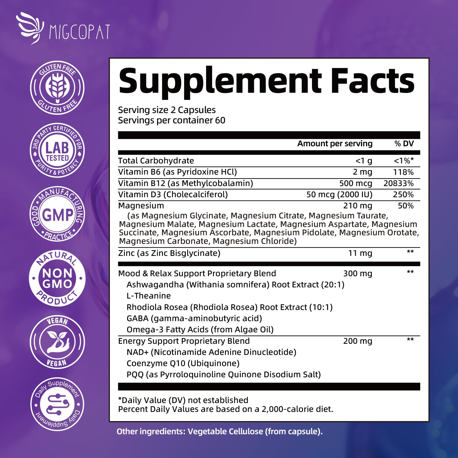Migcopat Magnesium Complex w/Magnesium Glycinate, Malate, Citrate | 24-in-1 Magnesium Supplement w/Ashwagandha, L-Theanine & NAD+ | Supports Calm, Energy, Muscle & Sleep | Non-GMO, 120 Vegan Caps Migcopat uk supplements