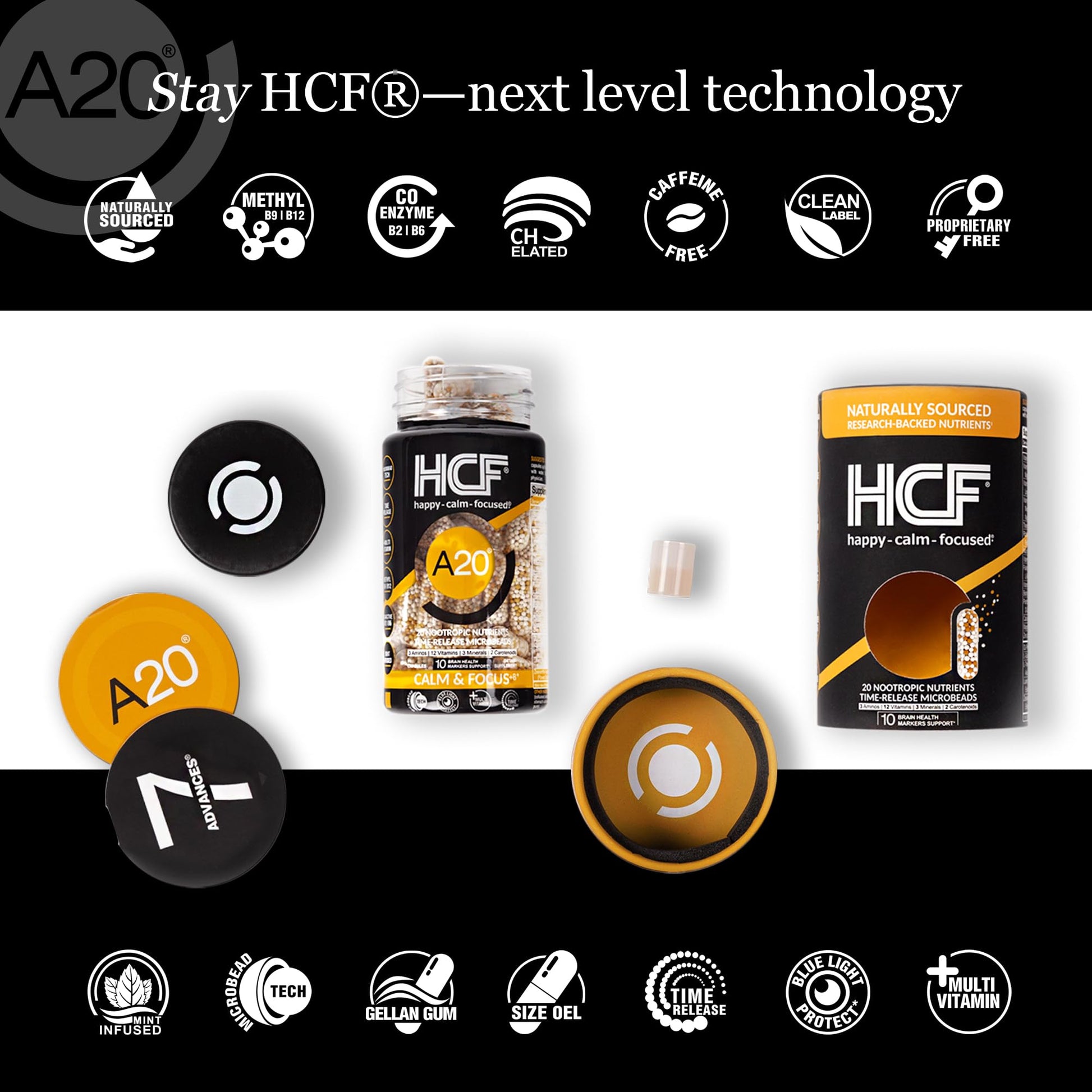 HCF A20 Microbead Brain Health Supplements for Adults for Memory, Focus, Calm, Mood, Alertness, Attention, Vision, Sleep, Immune System, 20 Premium Nootropic Nutrients Multivitamin & 7 Advances® Tech HCF uk supplements