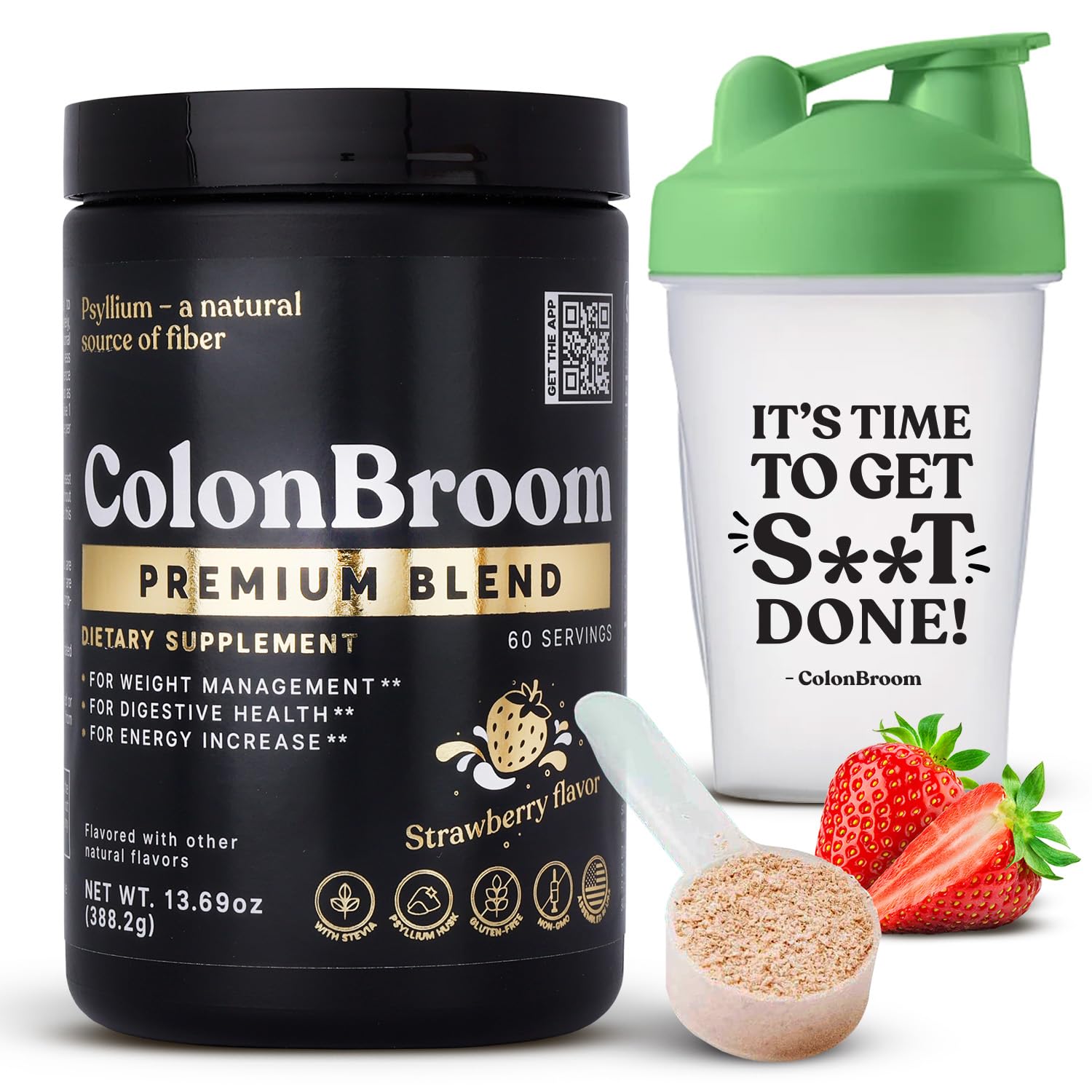 ColonBroom Premium Psyllium Husk Powder (Strawberry, 60 Servings) + Shaker Bottle for Colon Broom Fiber Powder Drink Bundle - Colon Cleanse for Bloating Relief & Gut Health - Fiber Powder Supplement ColonBroom uk supplements