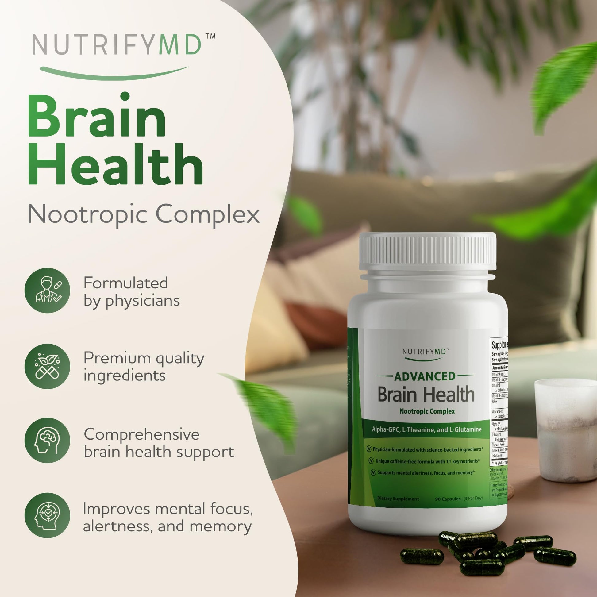 Advanced Brain Health Supplement with Alpha GPC, L-Theanine, L-Glutamine for Memory and Focus - 90 Capsules NutrifyMD uk supplements