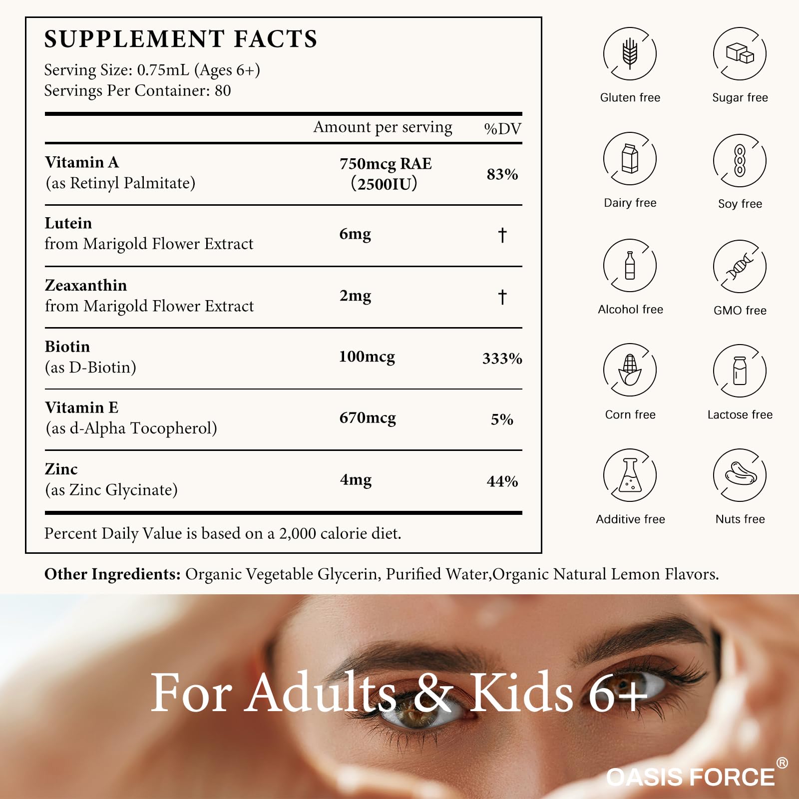 OASIS FORCE 6 in 1 Vitamin A Liquid Drops with Lutein & Zeaxanthin, Vita A Retinyl Palmitate for Skin, Vision & Immune Support, Adults & Kids Ages 6+, Vegan, Non-GMO, 2 Fl Oz OASIS FORCE uk supplements