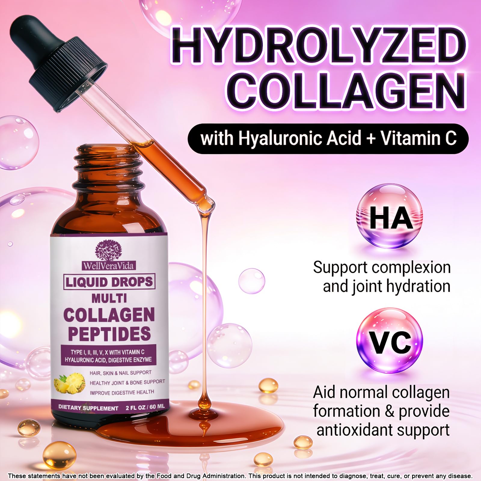 Multi Collagen Peptides Liquid Drops, 2oz – Types I, II, III, V, X, Hydrolyzed Collagen Complex for Hair, Skin, Nails, Bones & Joint Support | Collagen Supplement w. Hyaluronic Acid, Biotin, Vitamin C WellVeraVida uk supplements