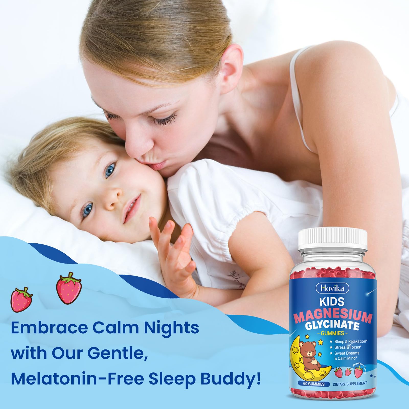 Magnesium Glycinate Gummies for Kids - with L-Theanine, Omega-3, Vitamin B6, D3, Zinc - Kids Magnesium Gummies for Sleep, Relaxation, Calm & Focus - Sugar Free Strawberry 60ct Hovika uk supplements