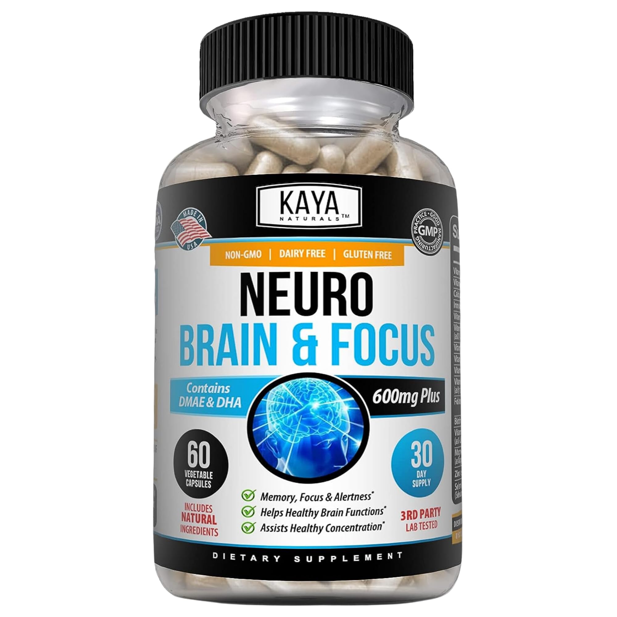 Kaya Naturals - Neuro Brain for Memory & Focus - Nootropic Energy Capsule - Nootropic Brain Support Supplement - Focus & Concentration & Learning Accuracy - Cognitive Function - 60 Count Kaya Naturals uk supplements