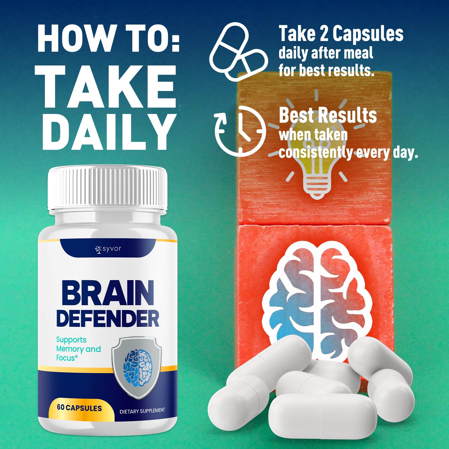 (2 Pack) Brain Defender Supplement Pills, Official Brain Defender Advanced Formula Nootropic Capsules, All Natural Health and Wellness Support Formula Maximum Strength Braindefender (120 Capsules) Syvor uk supplements