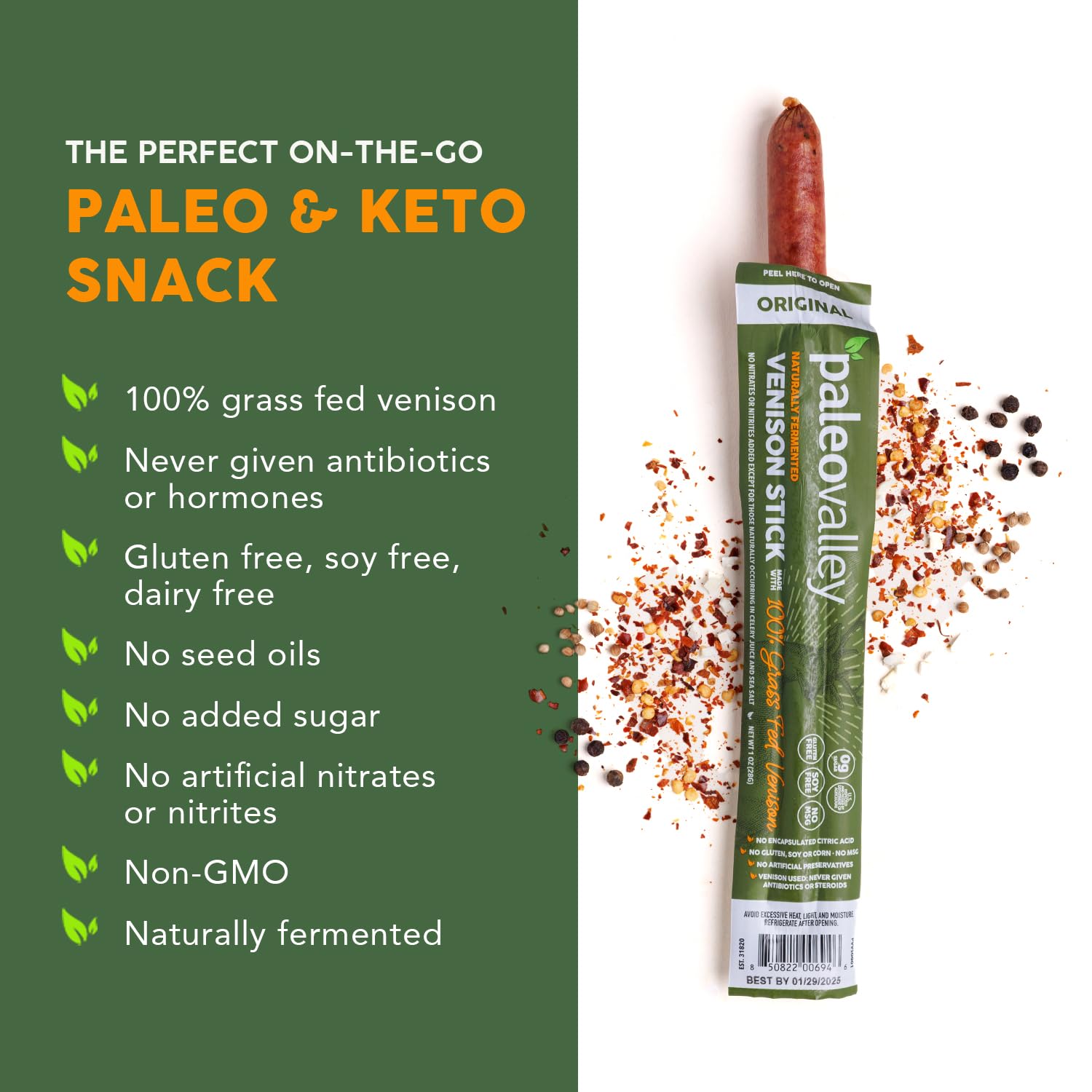 Paleovalley 100% Grass Fed Venison Sticks – 10 Pack – Keto-Friendly, High Protein, Low-Calorie Snack – Omega-3 Rich, Gluten-Free, Nitrate-Free, Naturally Flavored – Healthy On-the-Go Meat Snack Paleovalley uk supplements