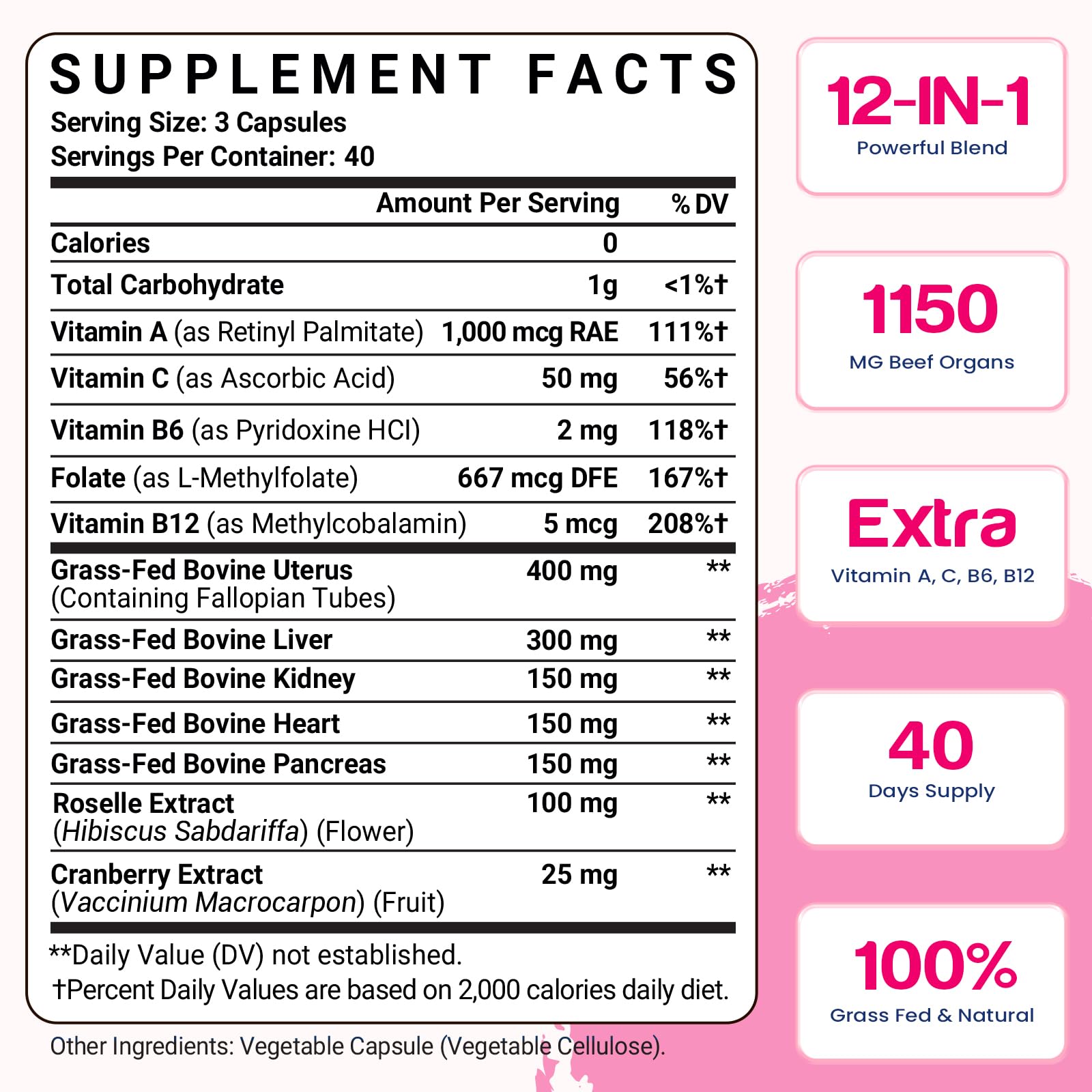 12-In-1 Beef Organ Supplement for Women - Beef Liver, Uterus, Kidney, Heart, Pancreas, 5 Vitamins & 2 Herbs, Hormone Balance, Menstruation, Energy, Immune - 100% Grass Fed, Pasture Raise - 120 Caps Nassiouy uk supplements