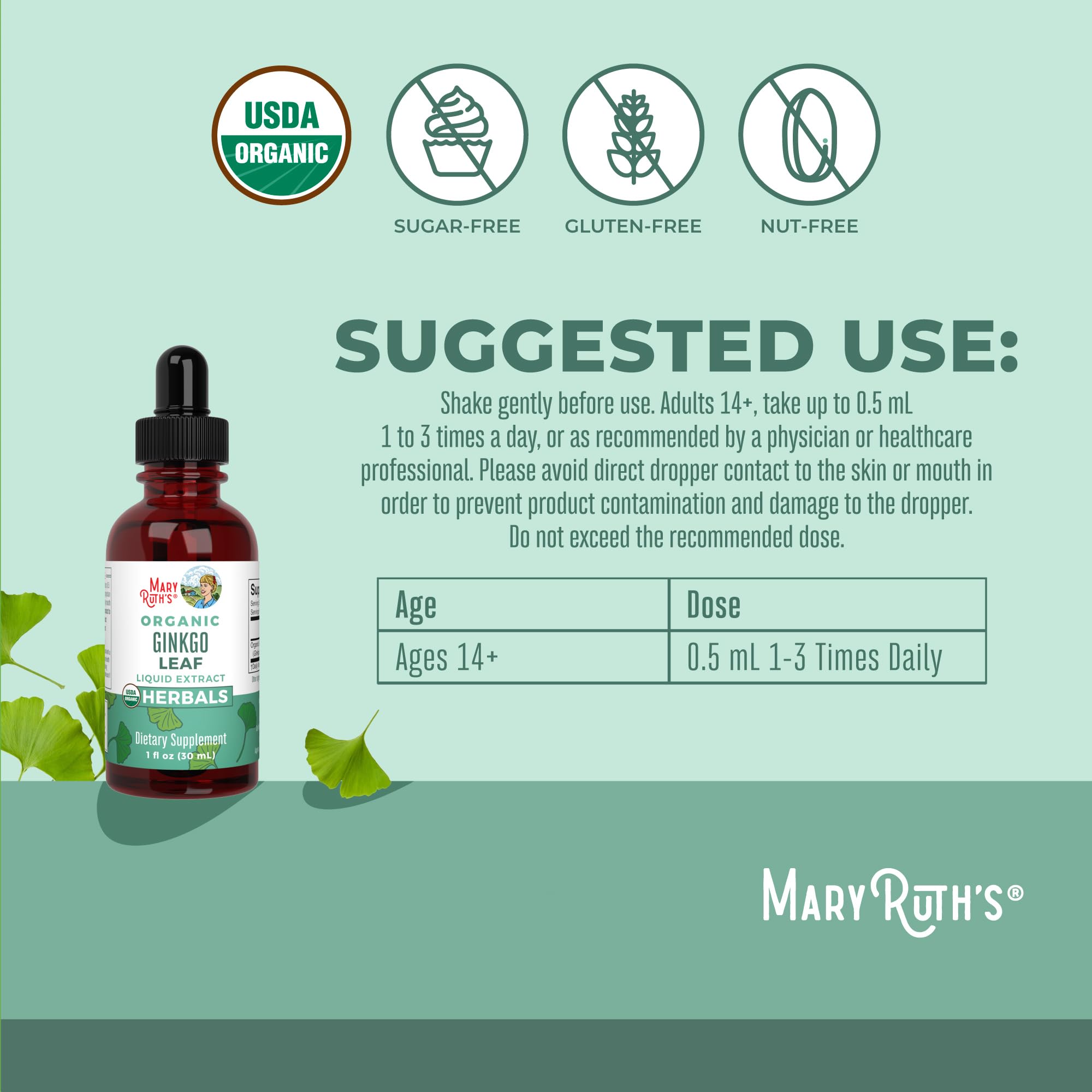 MaryRuth Organics Ginkgo Leaf Liquid Drops | Herbal Supplement | Nootropic | Circulatory System & Nervous System Health | USDA Organic | Non-GMO | Vegan | 60 Servings MARYRUTH'S uk supplements