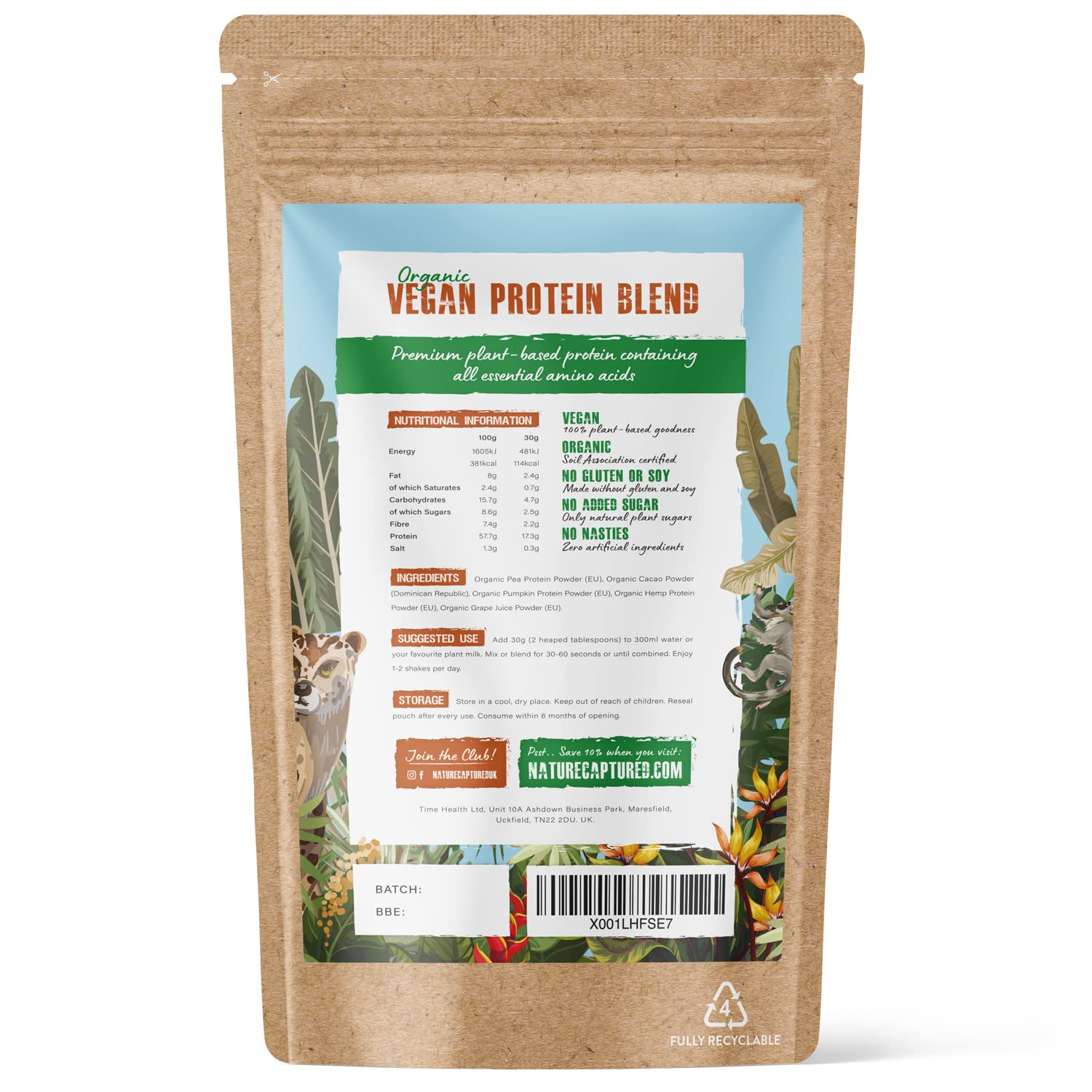 Organic & Raw Vegan Protein Blend (600g) - Chocolate Flavour - Pea, Pumpkin & Hemp Nature Captured uk supplements