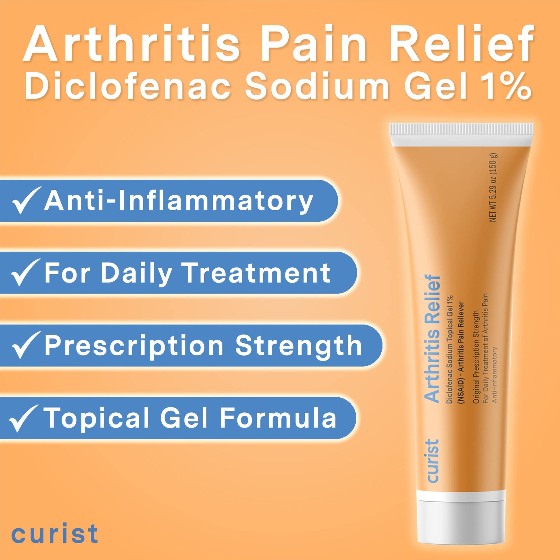 Curist Diclofenac Sodium Topical Gel 1 Percent 150g for Arthritis Pain - Joint Pain Relief for Hand/Foot Pain, Knee/Elbow Pain & Ankle Pain - 1% - 5.29oz Curist uk supplements