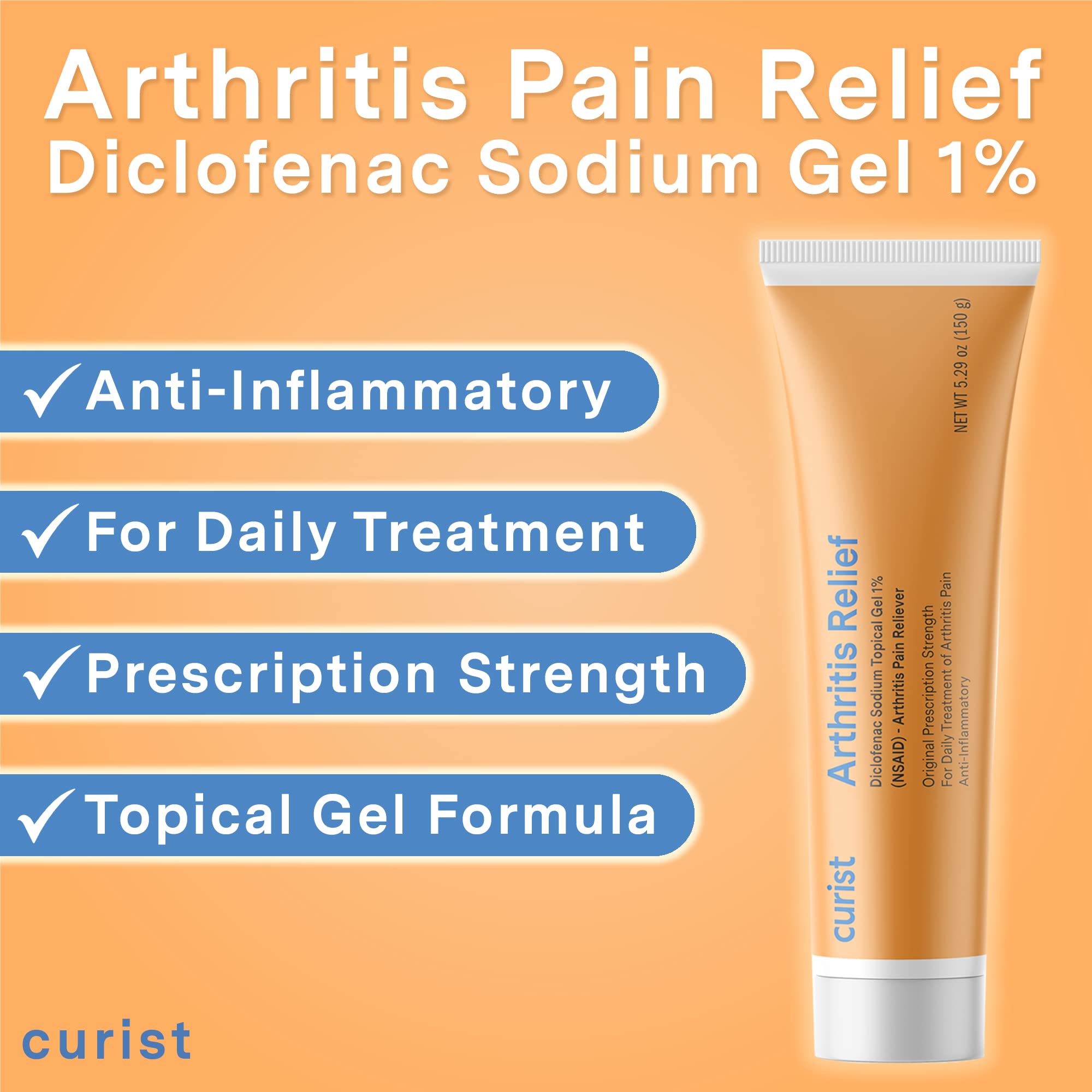 Curist Diclofenac Sodium Topical Gel 1 Percent 150g for Arthritis Pain - Joint Pain Relief for Hand/Foot Pain, Knee/Elbow Pain & Ankle Pain - 1% - 5.29oz Curist uk supplements