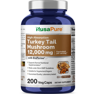 NusaPure Turkey Tail Mushroom Capsules, 10:1 Extract, 1200 mg Equivalent to 12,000mg, 200 Vcaps, Non-GMO, Gluten Free, Bioperine NusaPure uk supplements
